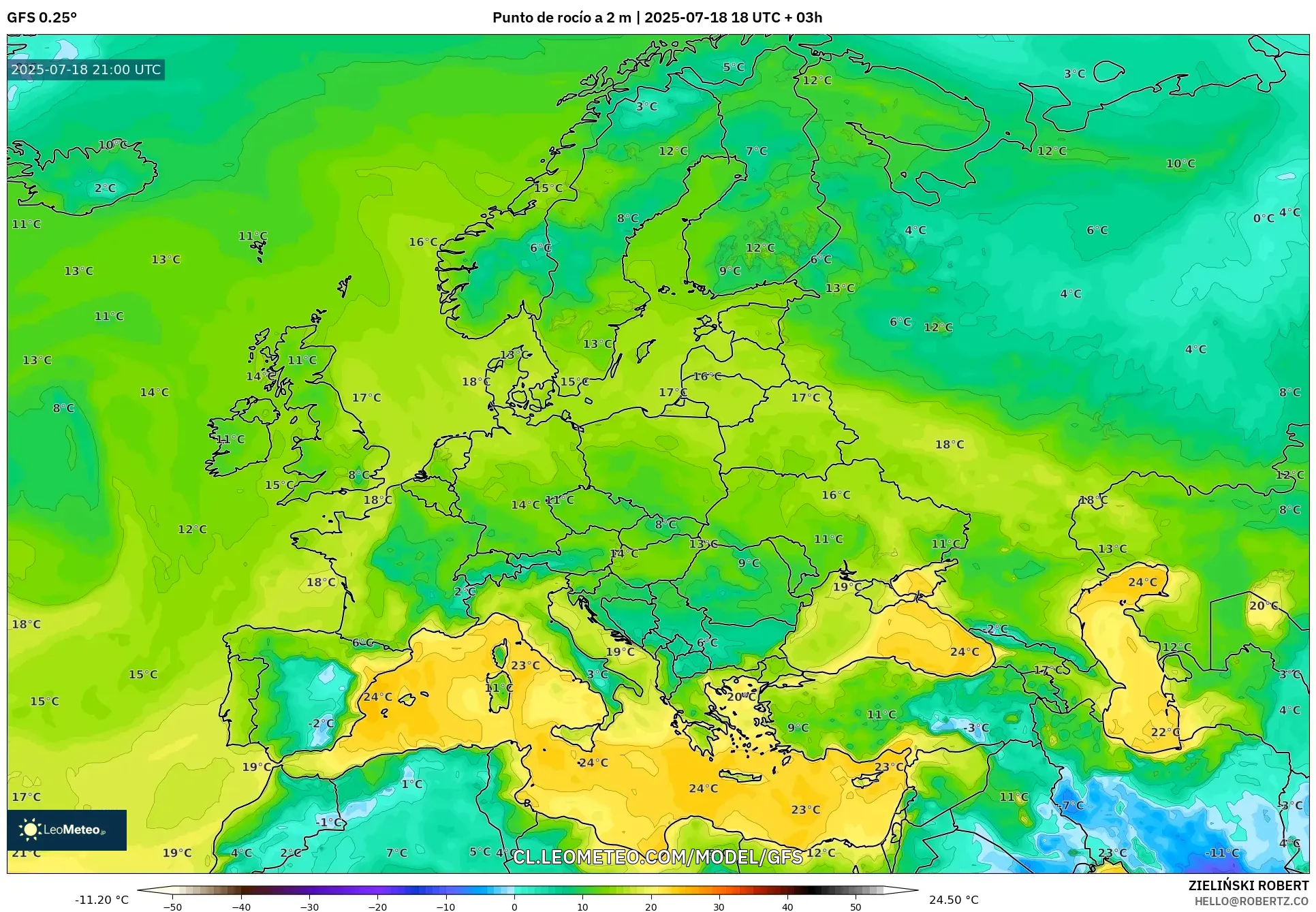 GFS model - Europa, Punto de rocío a 2 m