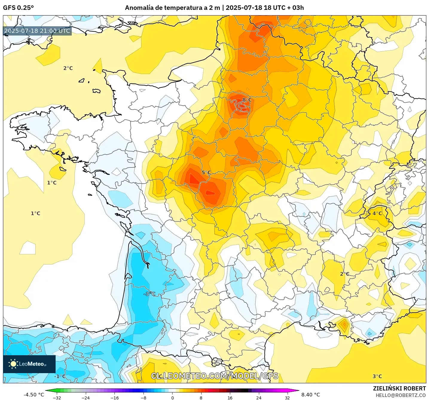 GFS model - Francia, Anomalía de temperatura a 2 m