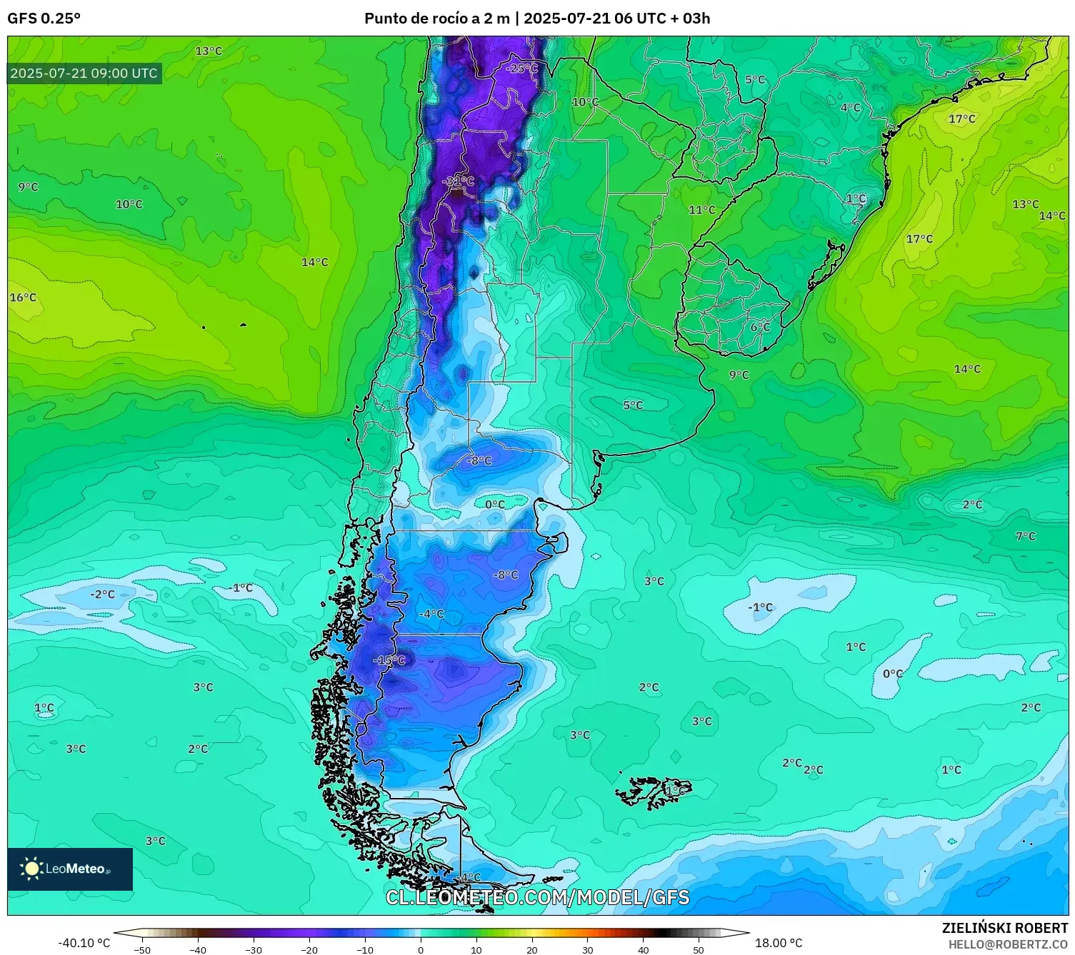 GFS model - Argentina, Punto de rocío a 2 m GFS model - Argentina, Punto de rocío a 2 m