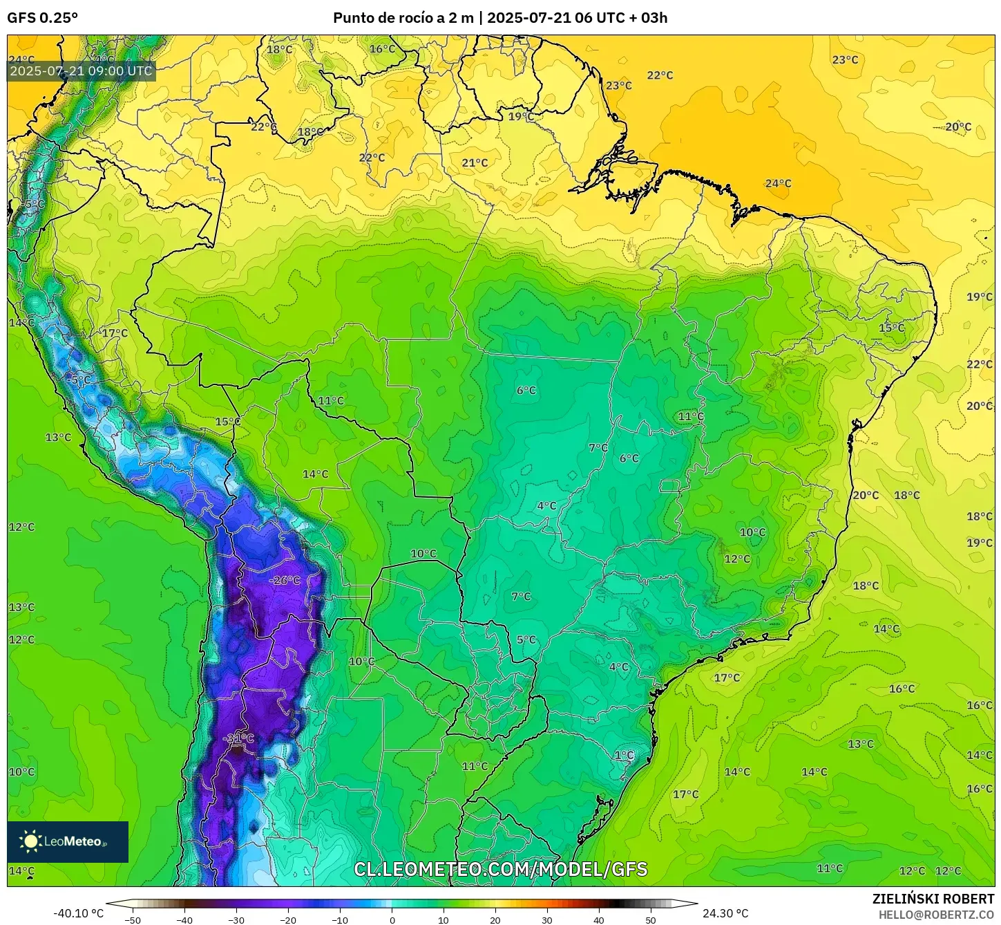 GFS model - Brasil, Punto de rocío a 2 m GFS model - Brasil, Punto de rocío a 2 m