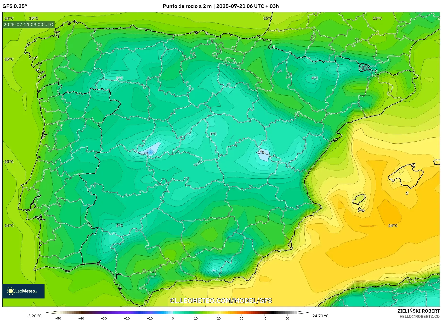 GFS model - España, Punto de rocío a 2 m GFS model - España, Punto de rocío a 2 m