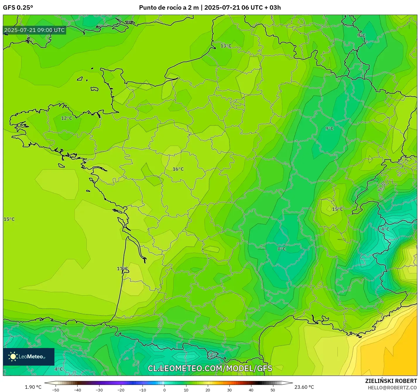 GFS model - Francia, Punto de rocío a 2 m GFS model - Francia, Punto de rocío a 2 m