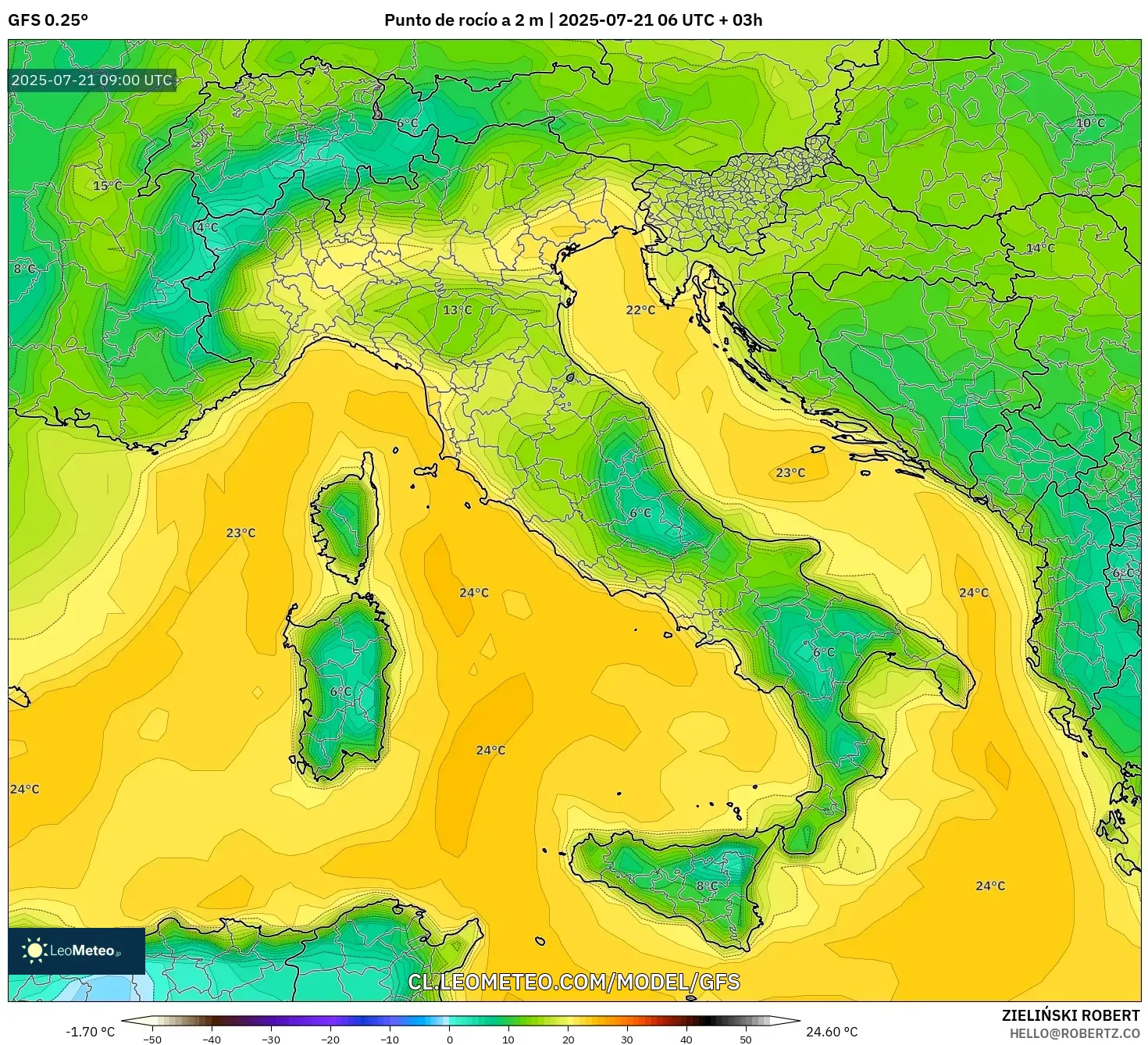 GFS model - Italia, Punto de rocío a 2 m GFS model - Italia, Punto de rocío a 2 m