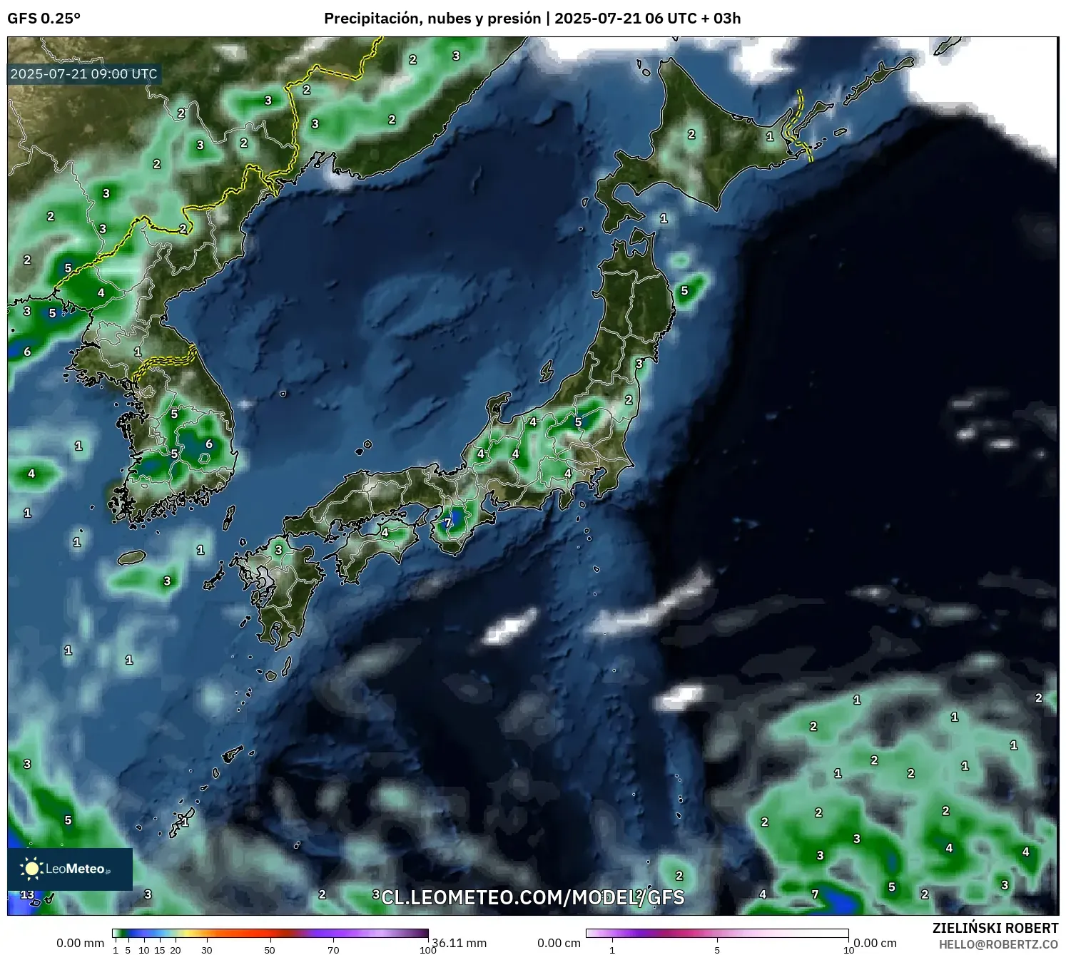 GFS model - Japón, Precipitación, nubes y presión GFS model - Japón, Precipitación, nubes y presión