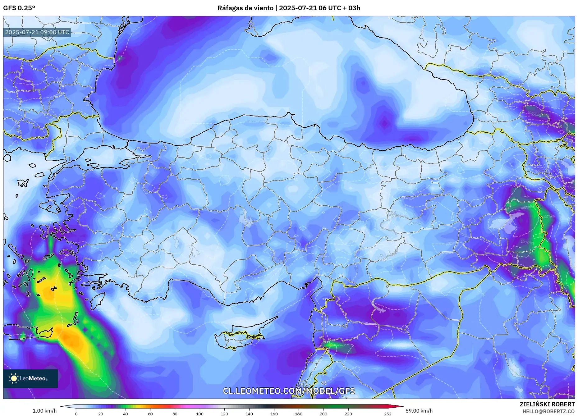 GFS model - Turquía, Ráfagas de viento GFS model - Turquía, Ráfagas de viento