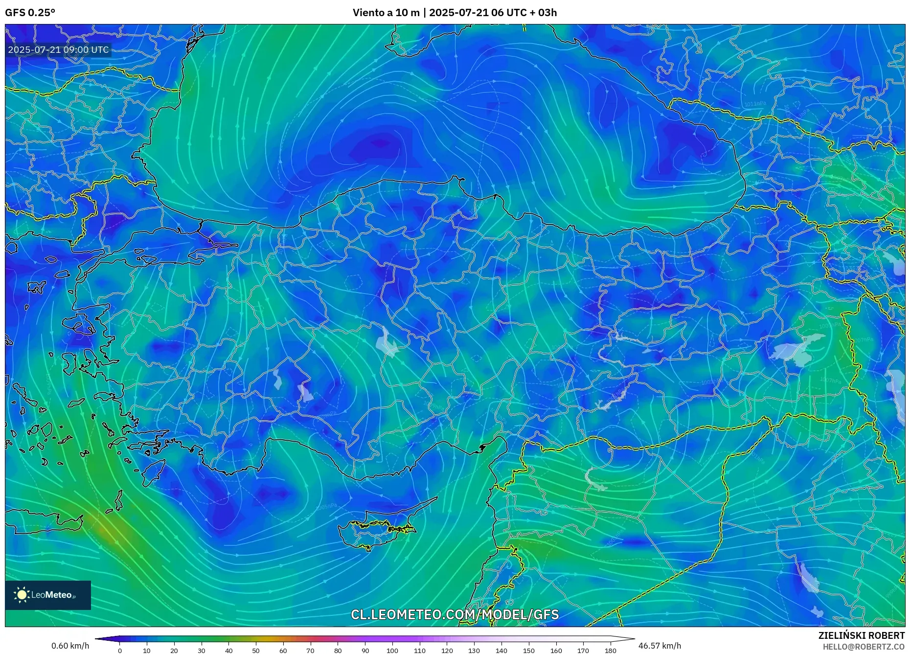 GFS model - Turquía, Viento a 10 m GFS model - Turquía, Viento a 10 m