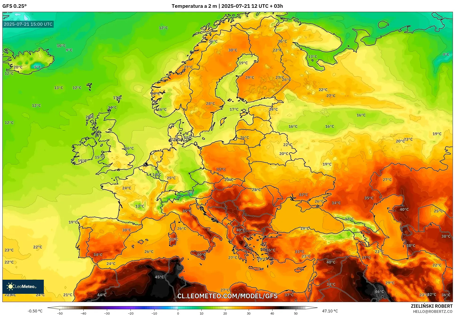 GFS model - Europa, Temperatura a 2 m GFS model - Europa, Temperatura a 2 m