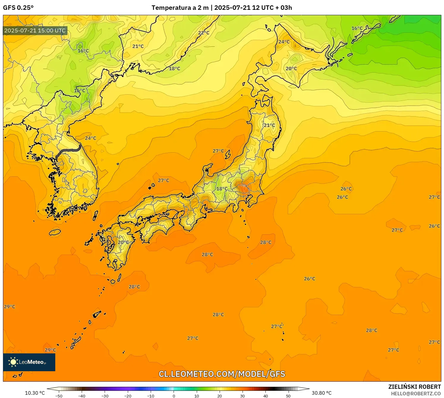 GFS model - Japón, Temperatura a 2 m GFS model - Japón, Temperatura a 2 m