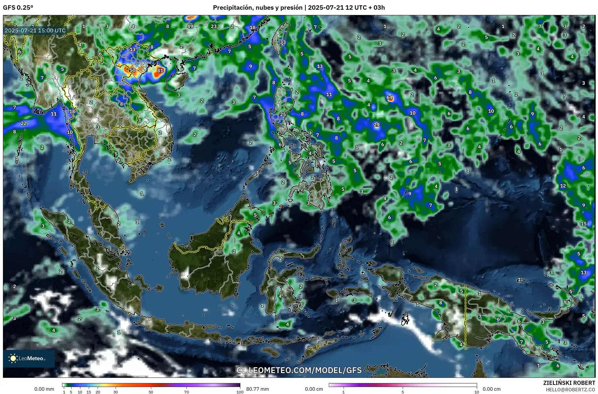 GFS model - Sudeste Asiático, Precipitación, nubes y presión GFS model - Sudeste Asiático, Precipitación, nubes y presión
