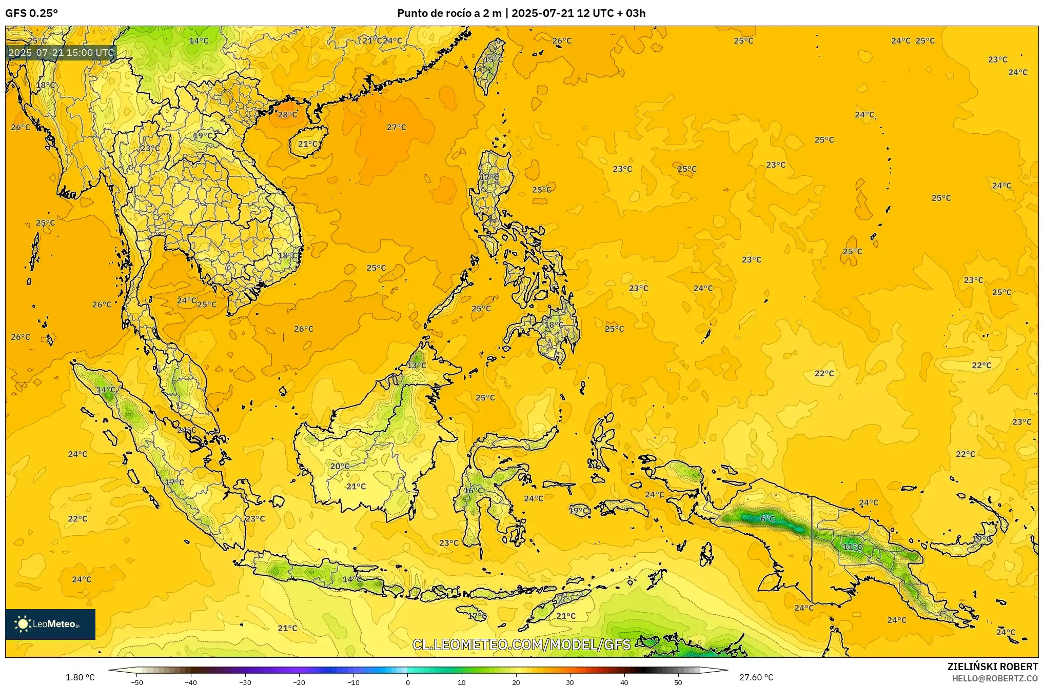 GFS model - Sudeste Asiático, Punto de rocío a 2 m GFS model - Sudeste Asiático, Punto de rocío a 2 m