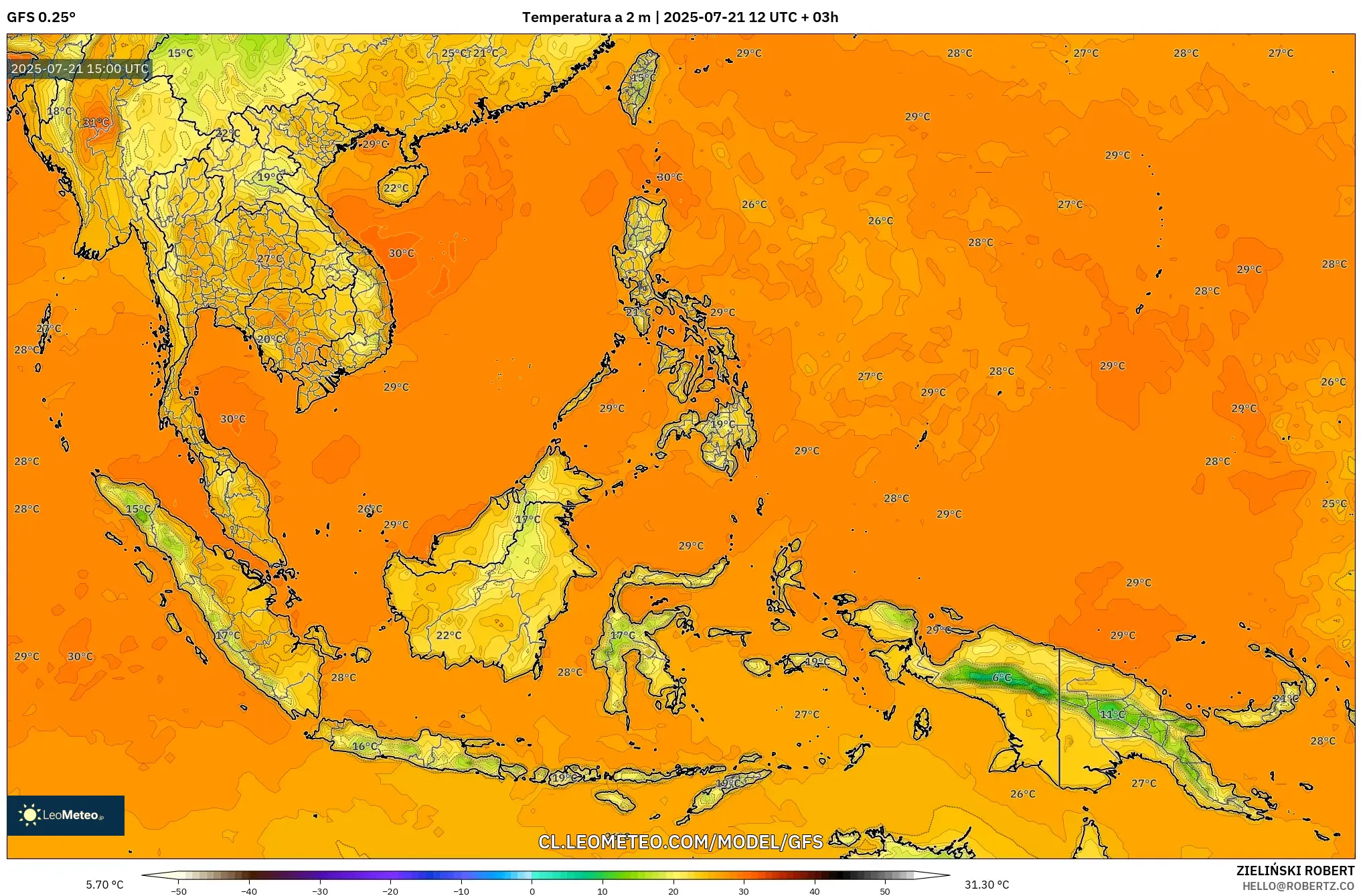 GFS model - Sudeste Asiático, Temperatura a 2 m