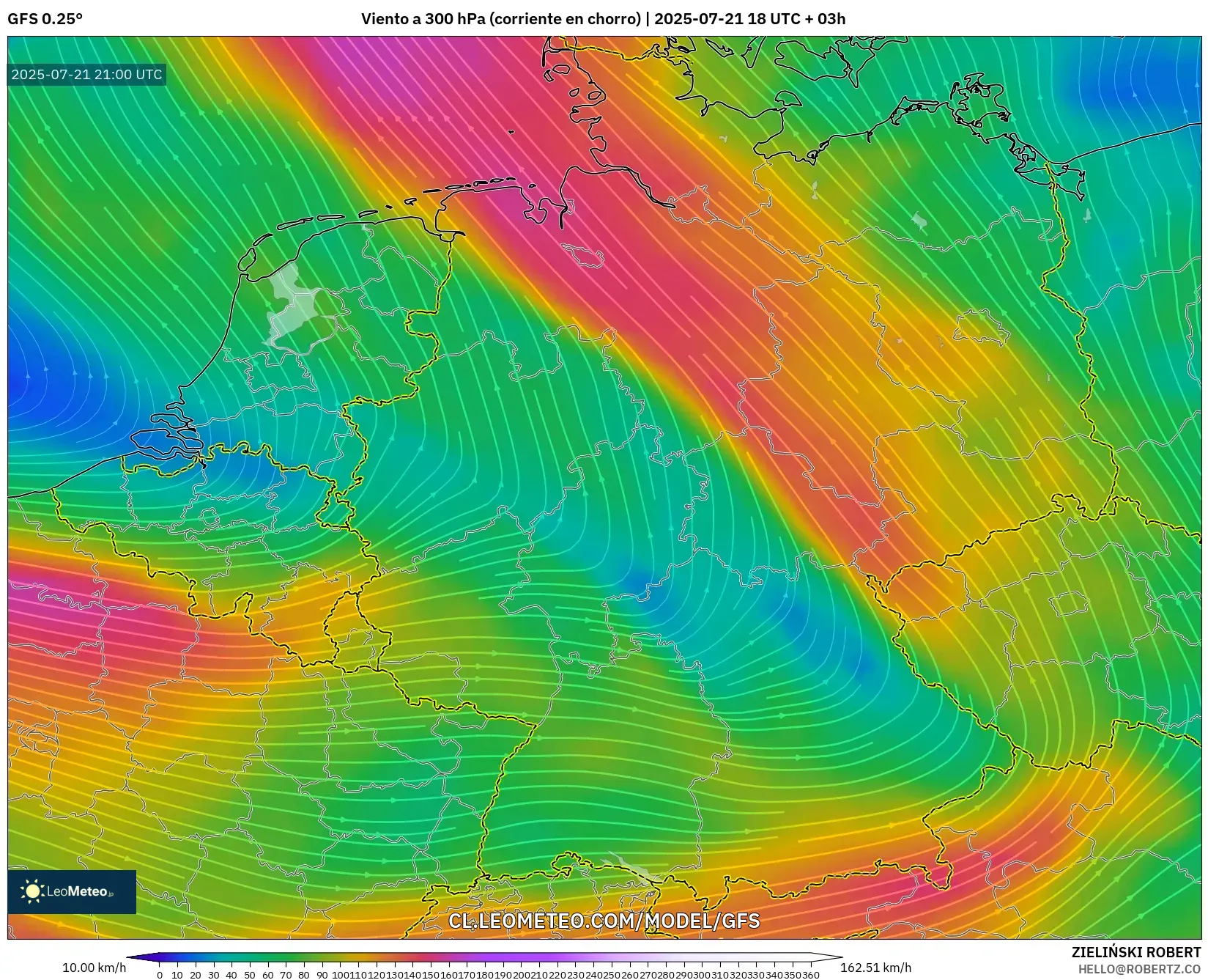 GFS model - Alemania, Viento a 300 hPa (corriente en chorro) GFS model - Alemania, Viento a 300 hPa (corriente en chorro)