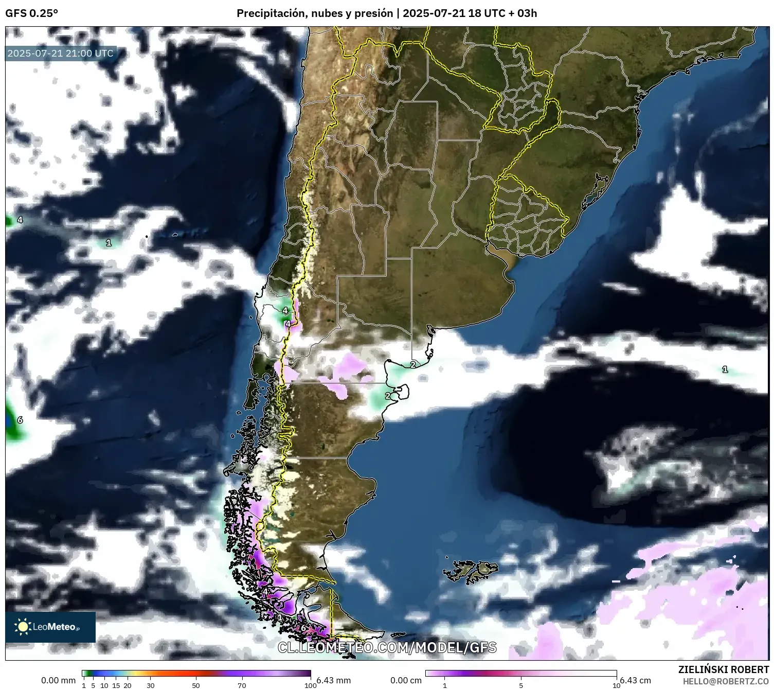 GFS model - Argentina, Precipitación, nubes y presión