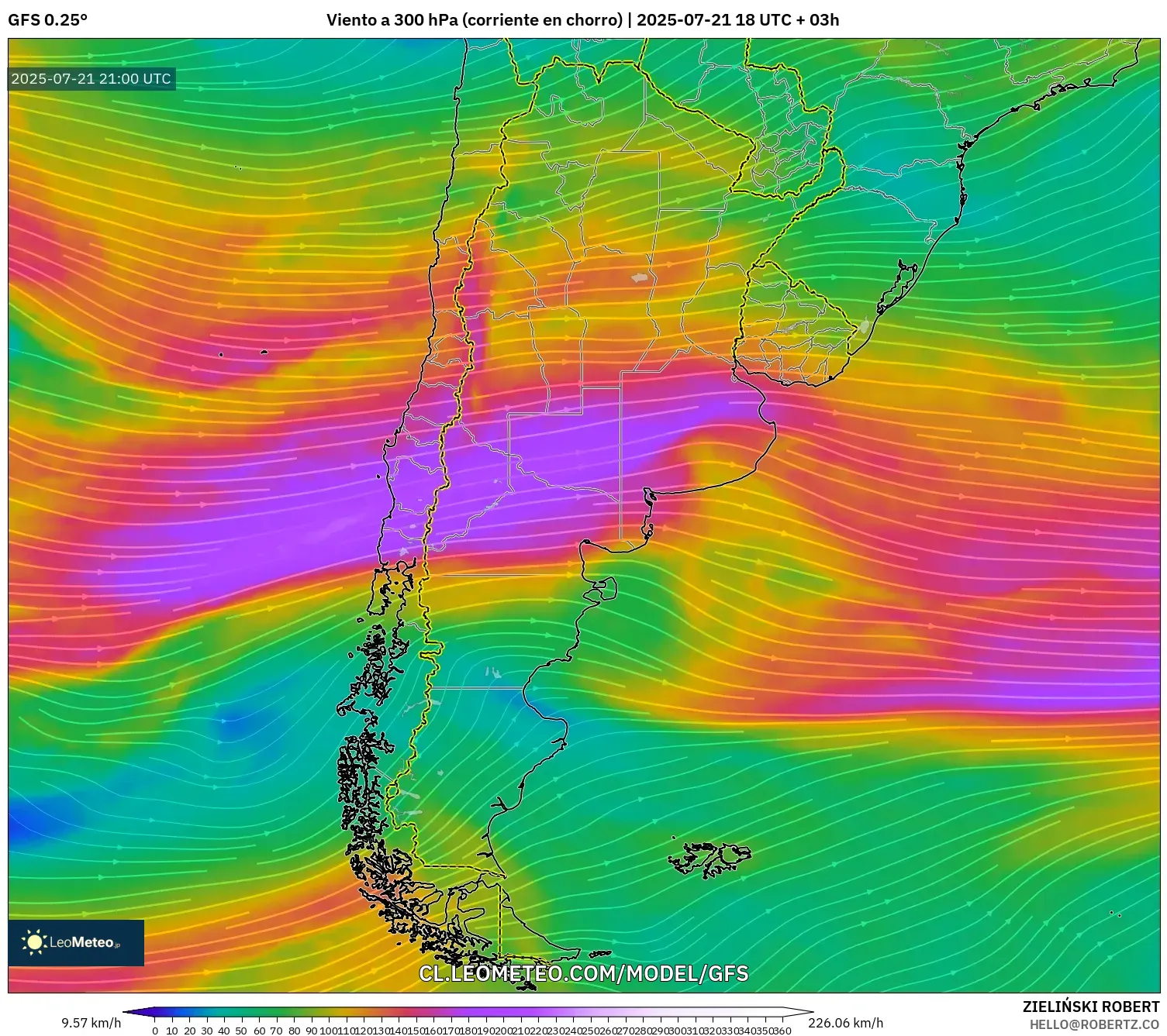 GFS model - Argentina, Viento a 300 hPa (corriente en chorro) GFS model - Argentina, Viento a 300 hPa (corriente en chorro)