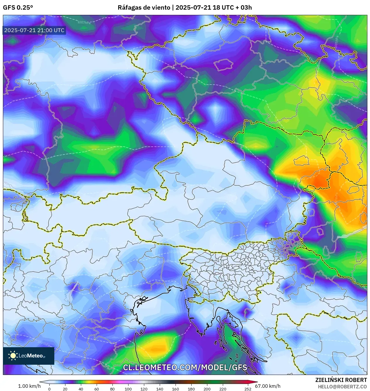 GFS model - Austria, Ráfagas de viento GFS model - Austria, Ráfagas de viento