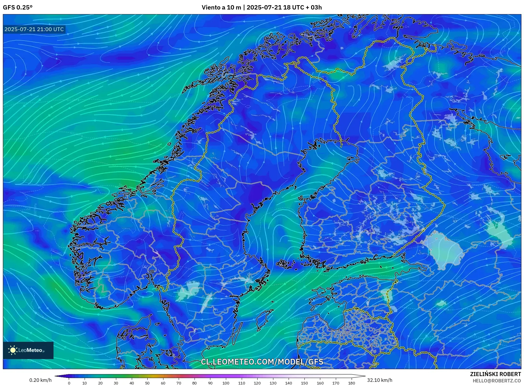 GFS model - Escandinavia, Viento a 10 m GFS model - Escandinavia, Viento a 10 m