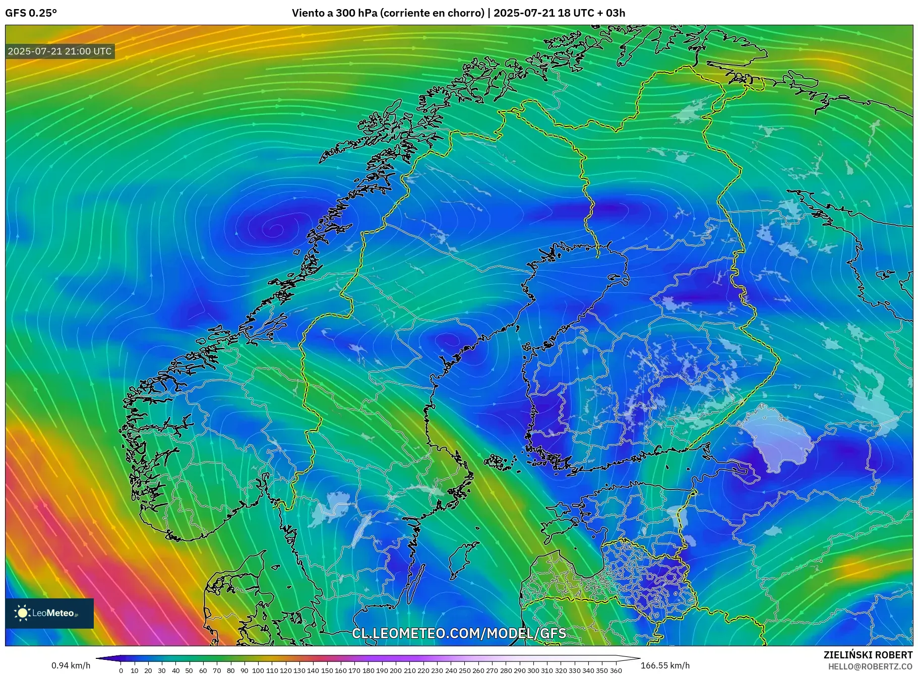 GFS model - Escandinavia, Viento a 300 hPa (corriente en chorro) GFS model - Escandinavia, Viento a 300 hPa (corriente en chorro)
