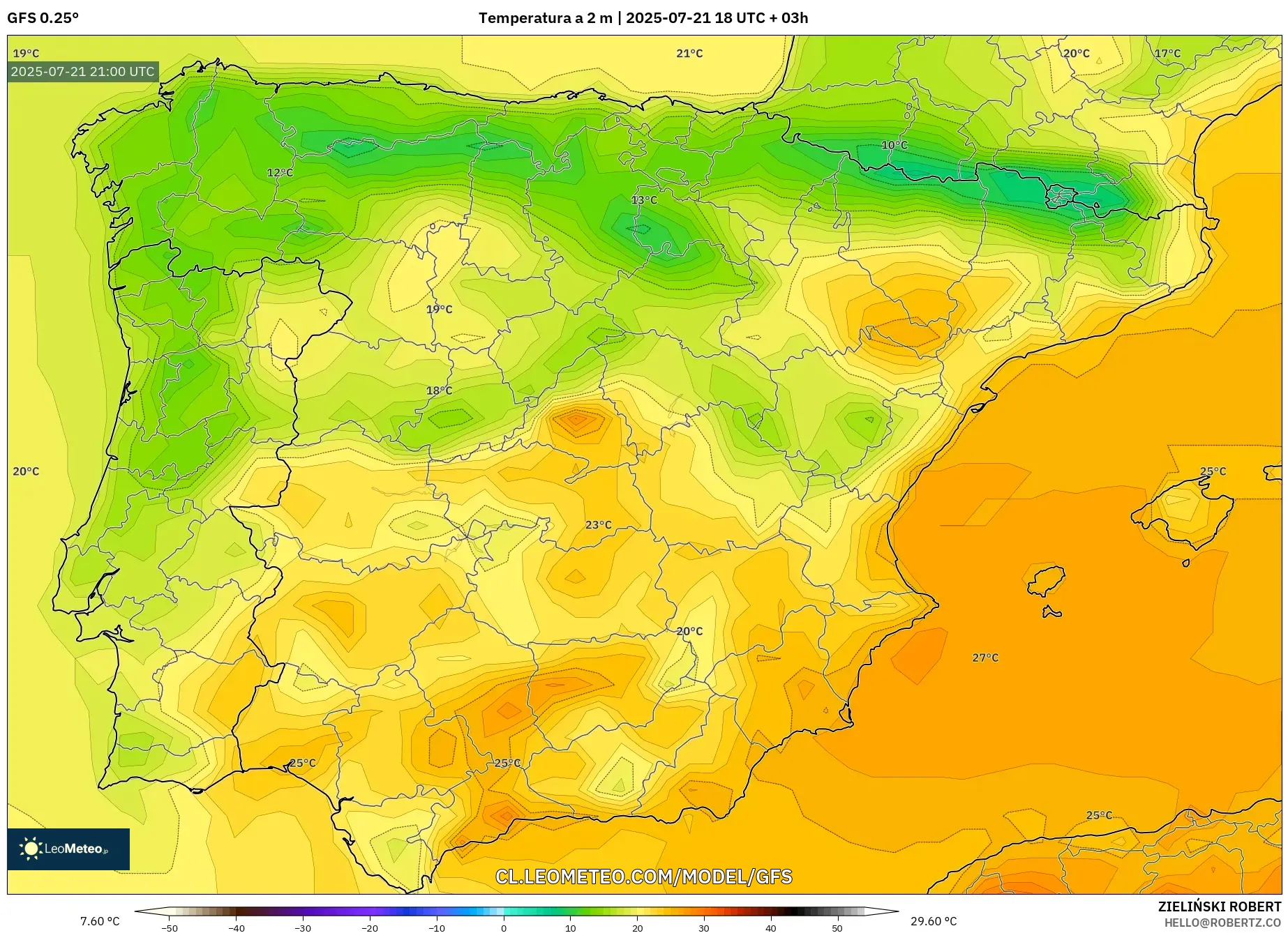 GFS model - España, Temperatura a 2 m GFS model - España, Temperatura a 2 m