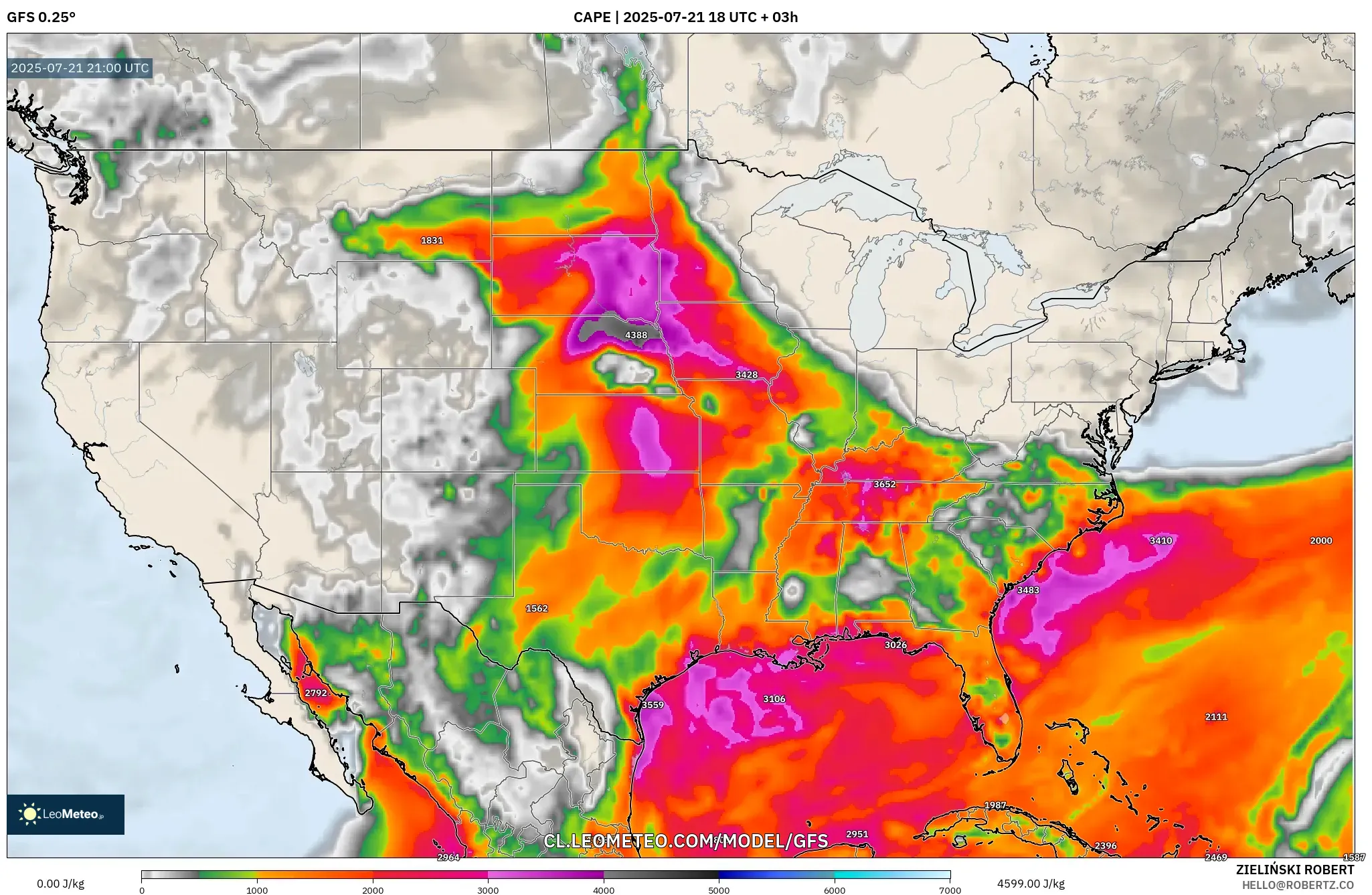 GFS model - Estados Unidos, CAPE GFS model - Estados Unidos, CAPE