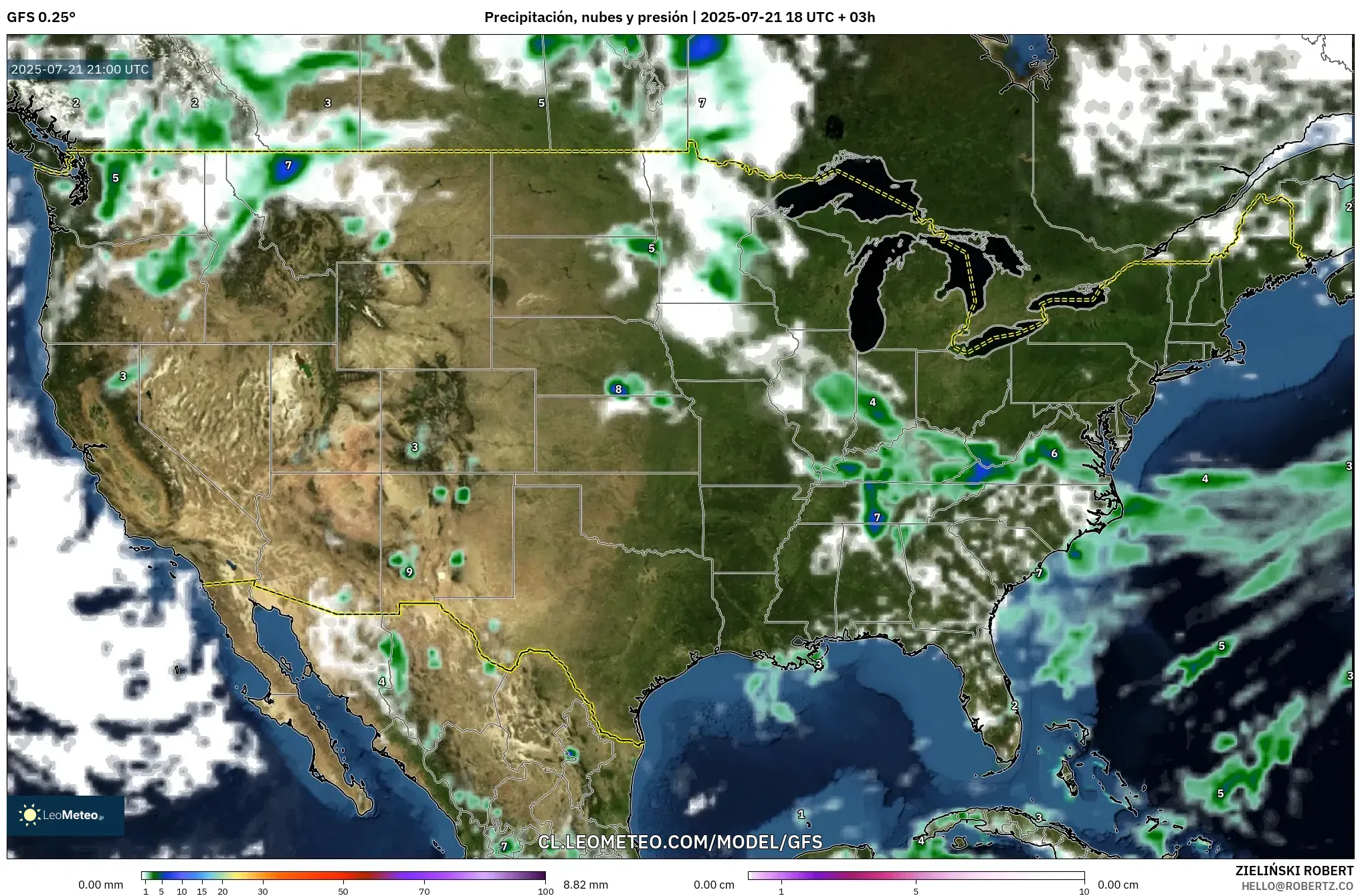 GFS model - Estados Unidos, Precipitación, nubes y presión GFS model - Estados Unidos, Precipitación, nubes y presión