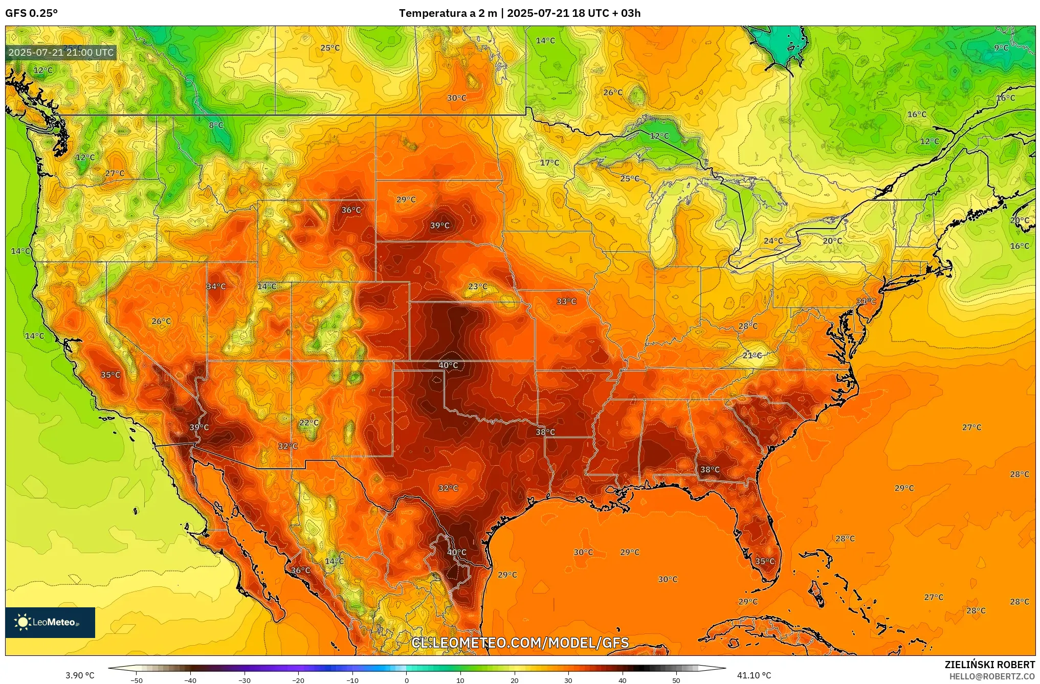 GFS model - Estados Unidos, Temperatura a 2 m GFS model - Estados Unidos, Temperatura a 2 m