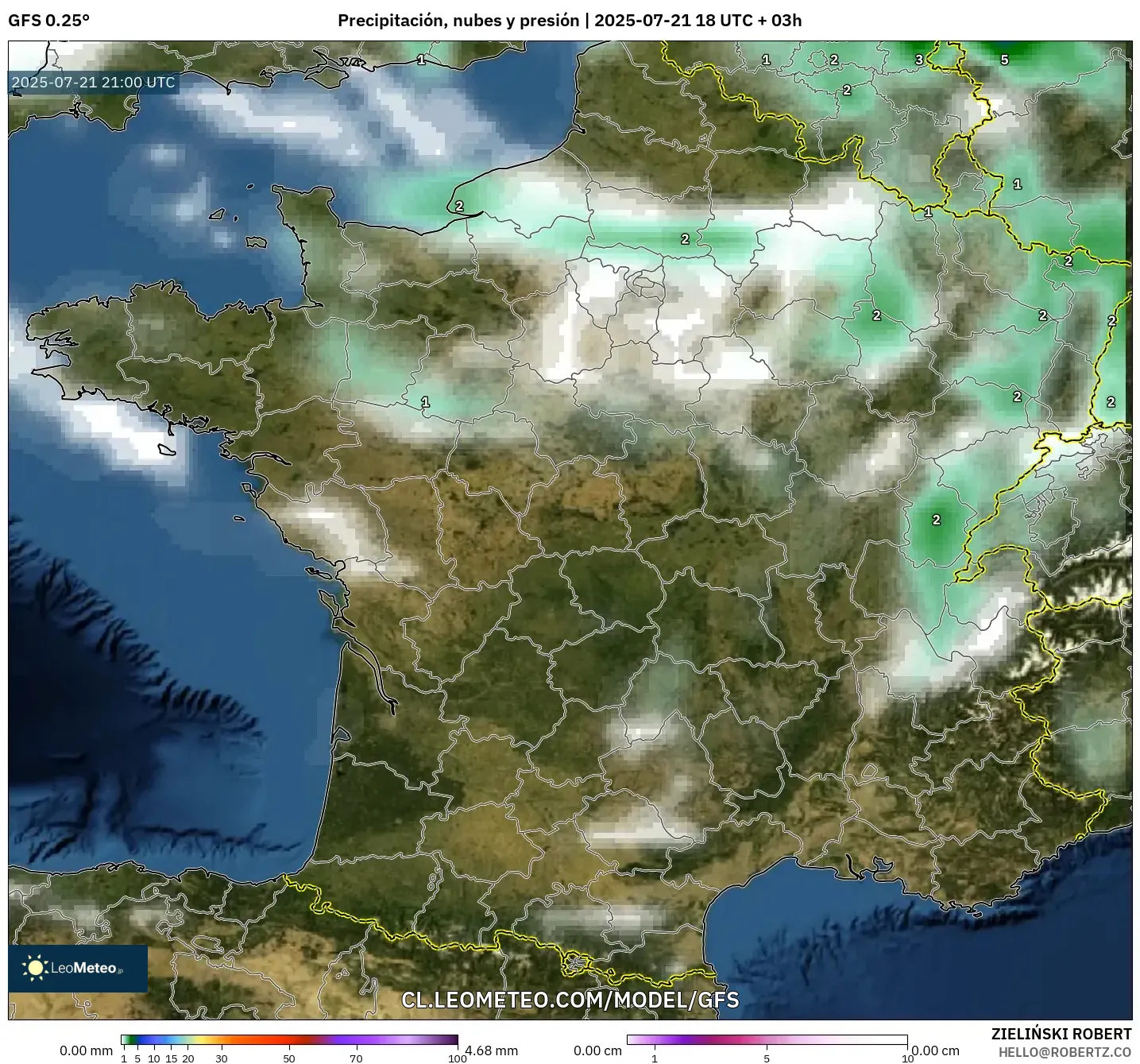 GFS model - Francia, Precipitación, nubes y presión GFS model - Francia, Precipitación, nubes y presión