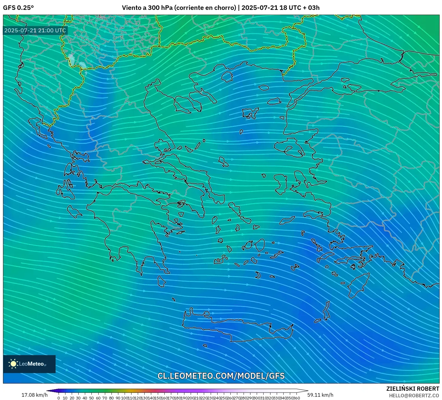 GFS model - Grecia, Viento a 300 hPa (corriente en chorro) GFS model - Grecia, Viento a 300 hPa (corriente en chorro)