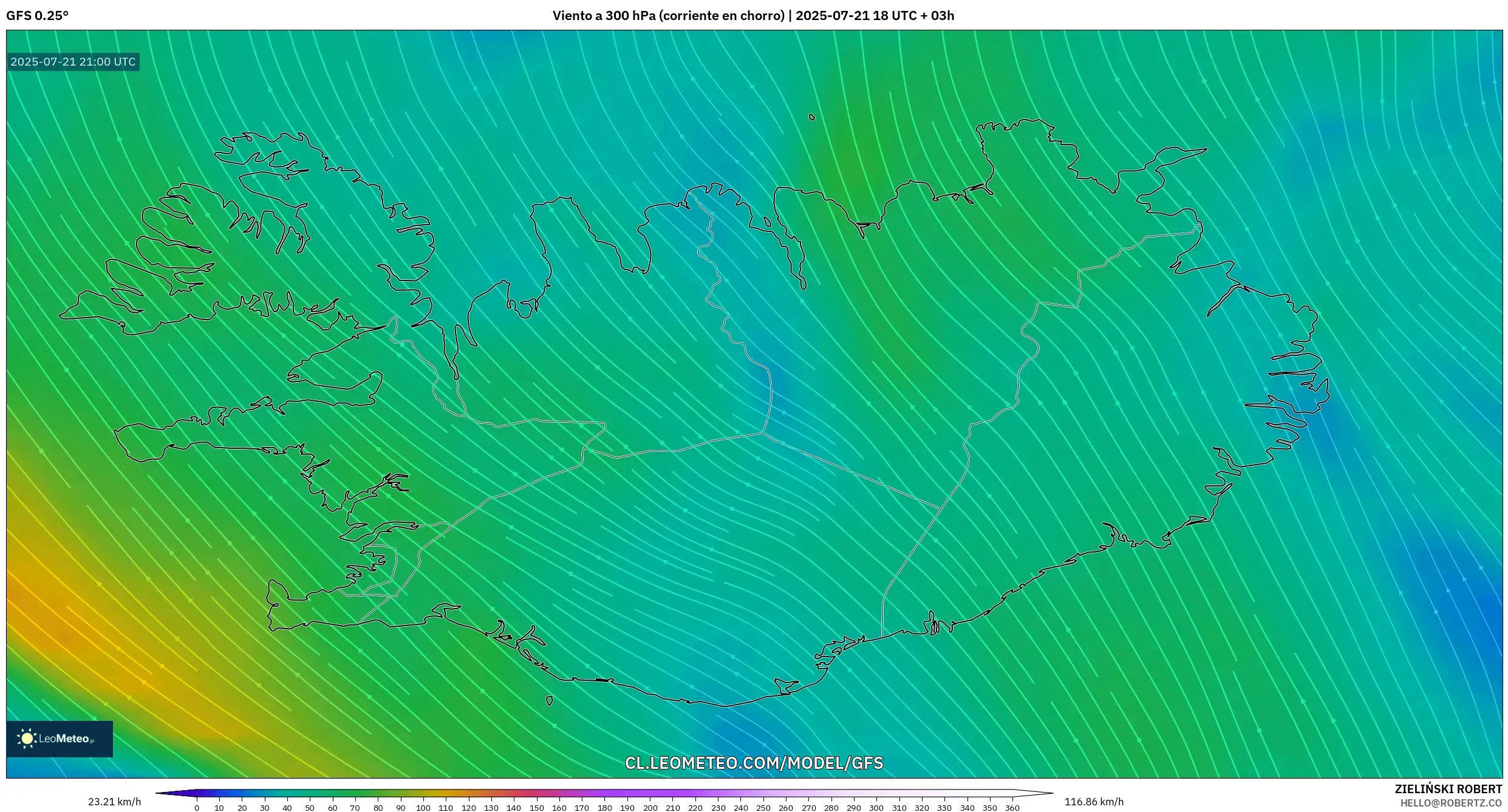 GFS model - Islandia, Viento a 300 hPa (corriente en chorro) GFS model - Islandia, Viento a 300 hPa (corriente en chorro)