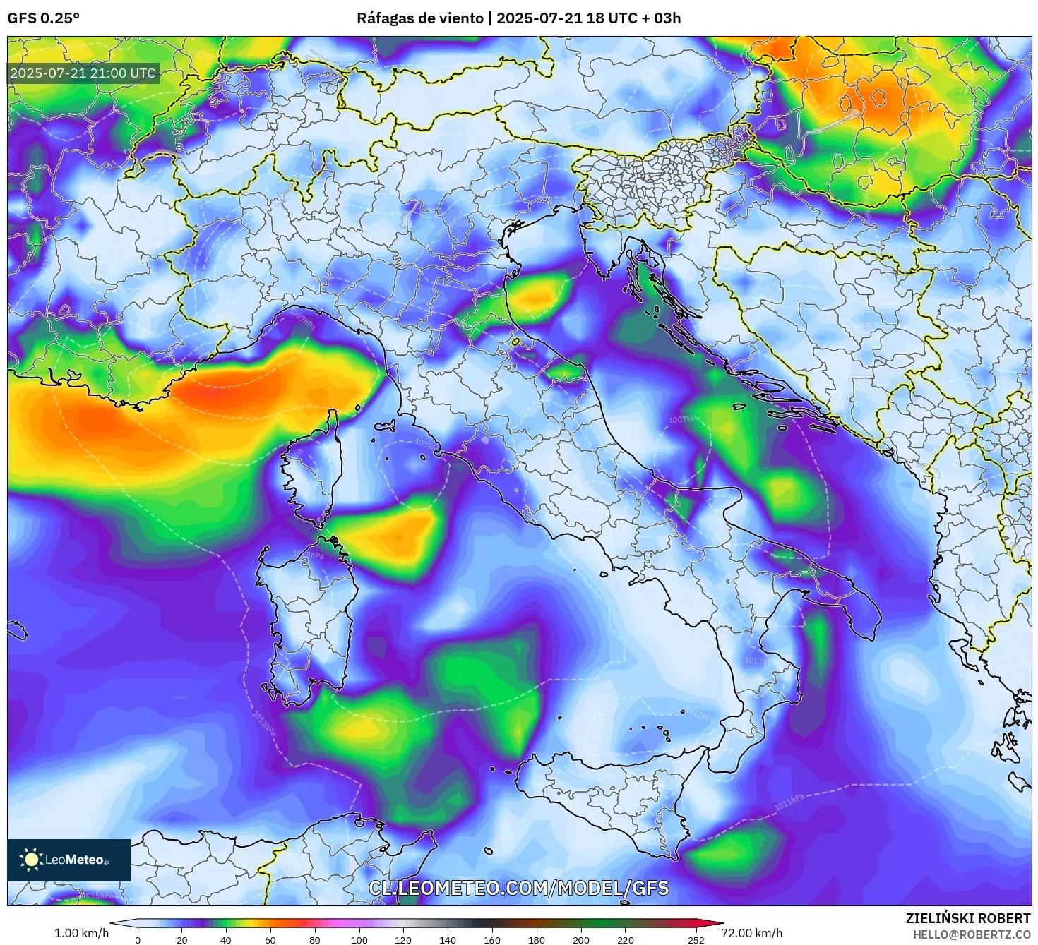 GFS model - Italia, Ráfagas de viento