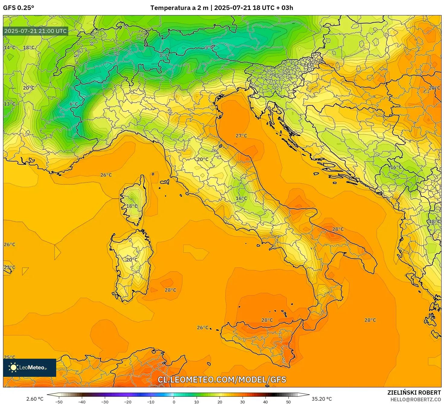 GFS model - Italia, Temperatura a 2 m GFS model - Italia, Temperatura a 2 m