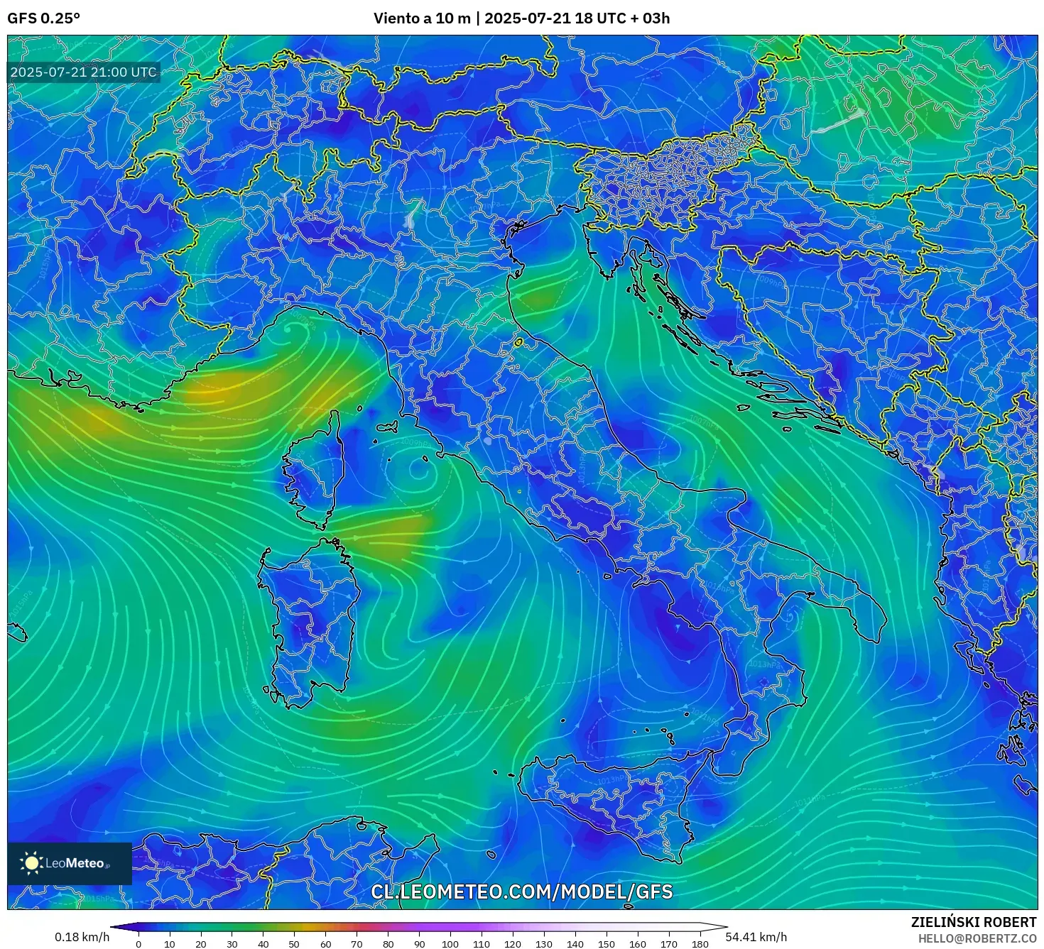 GFS model - Italia, Viento a 10 m GFS model - Italia, Viento a 10 m