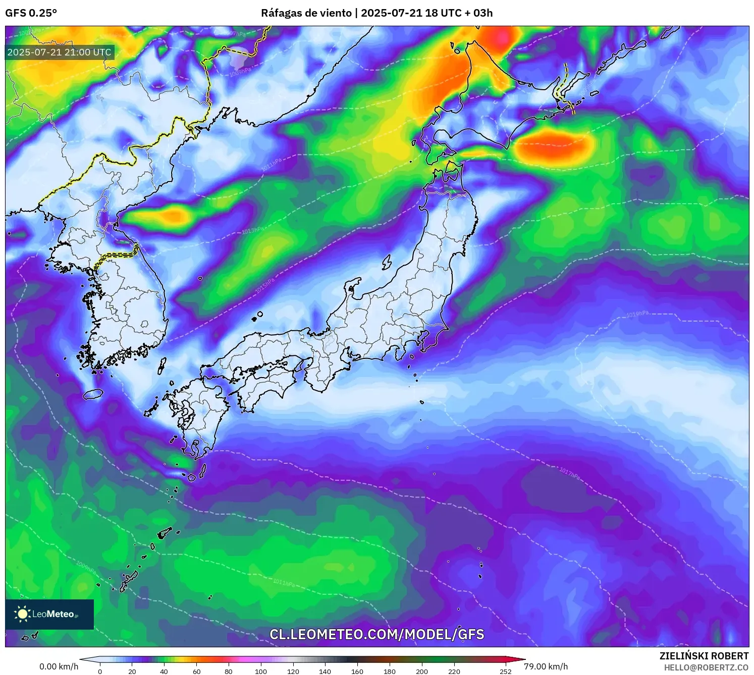 GFS model - Japón, Ráfagas de viento GFS model - Japón, Ráfagas de viento