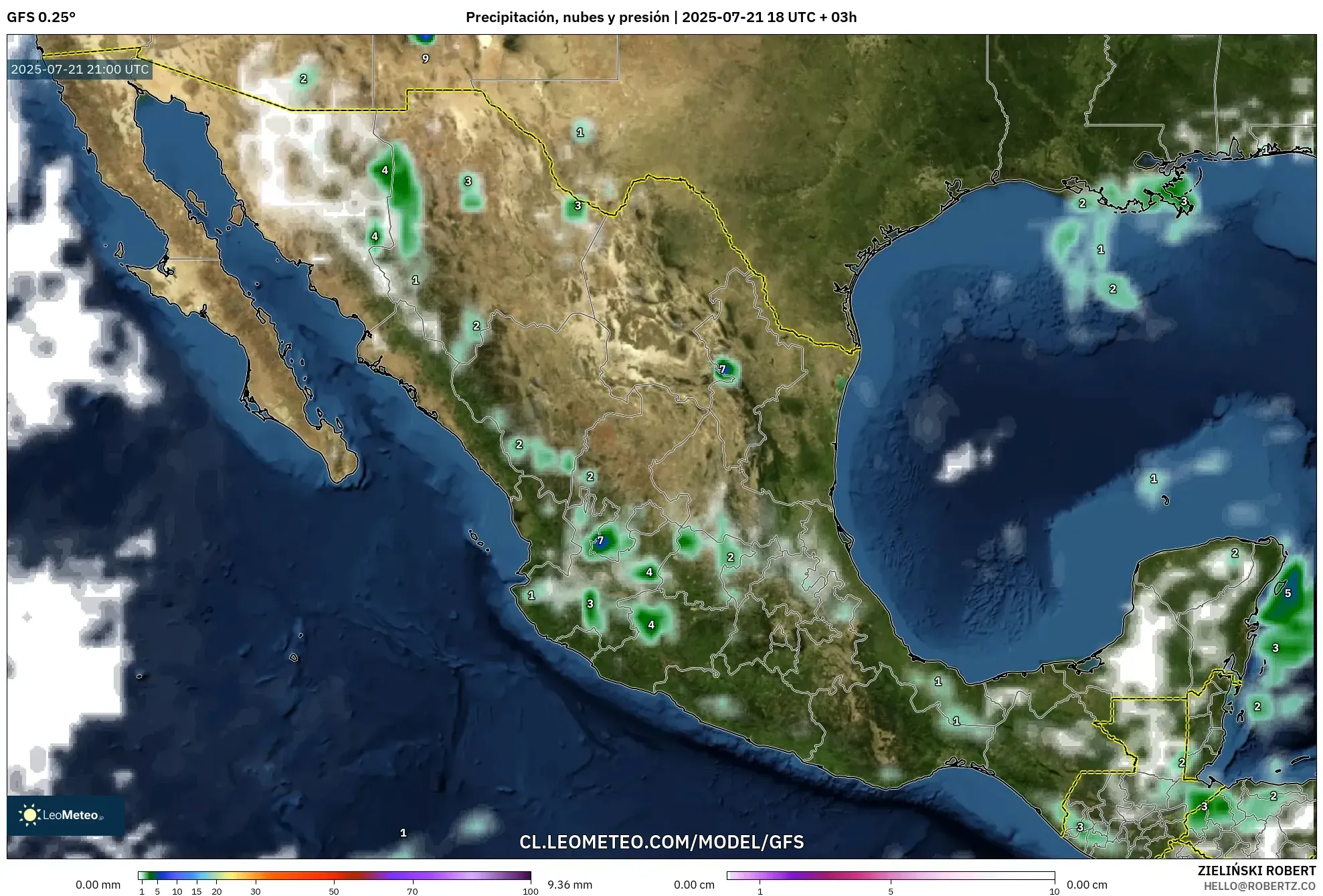 GFS model - México, Precipitación, nubes y presión GFS model - México, Precipitación, nubes y presión