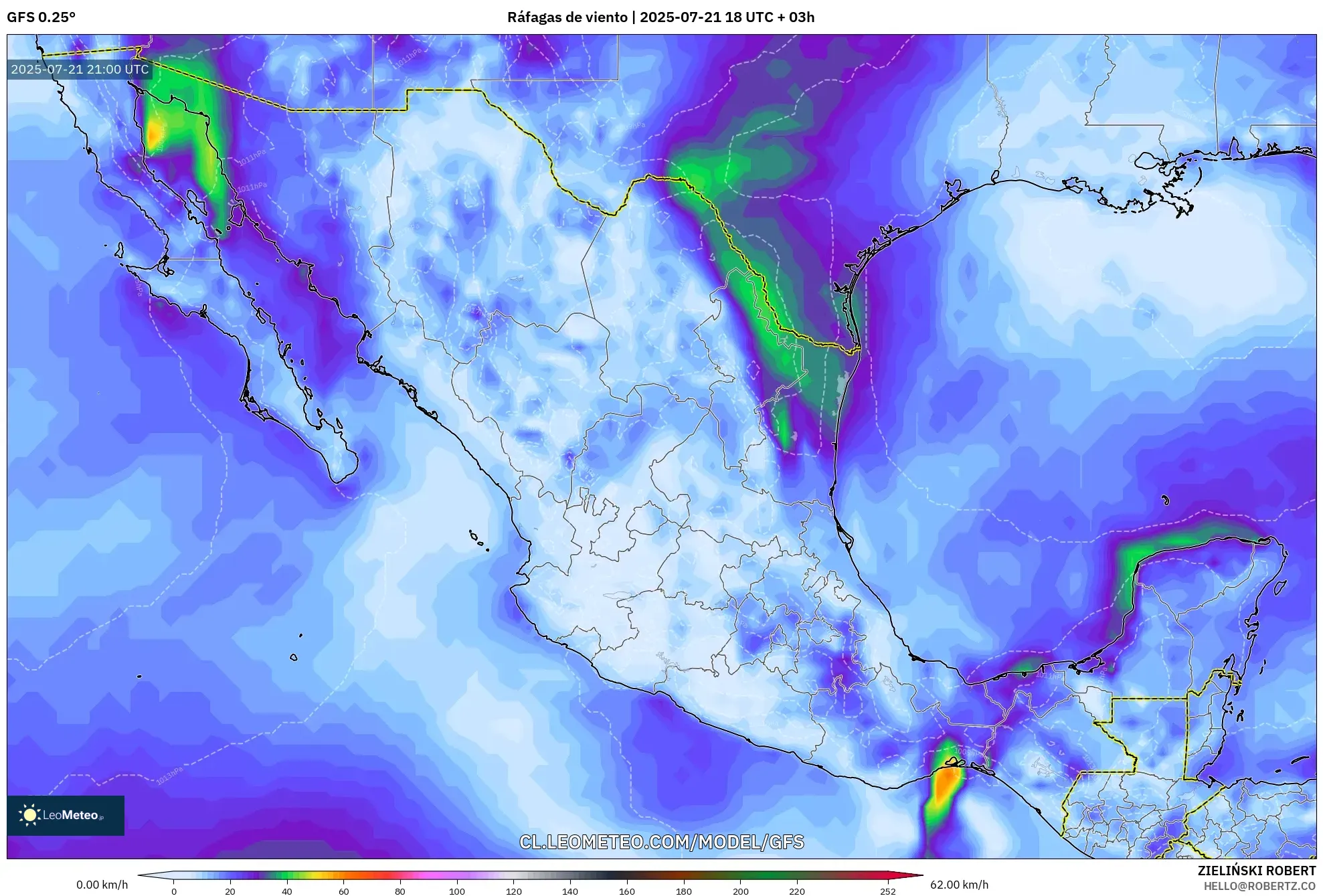 GFS model - México, Ráfagas de viento