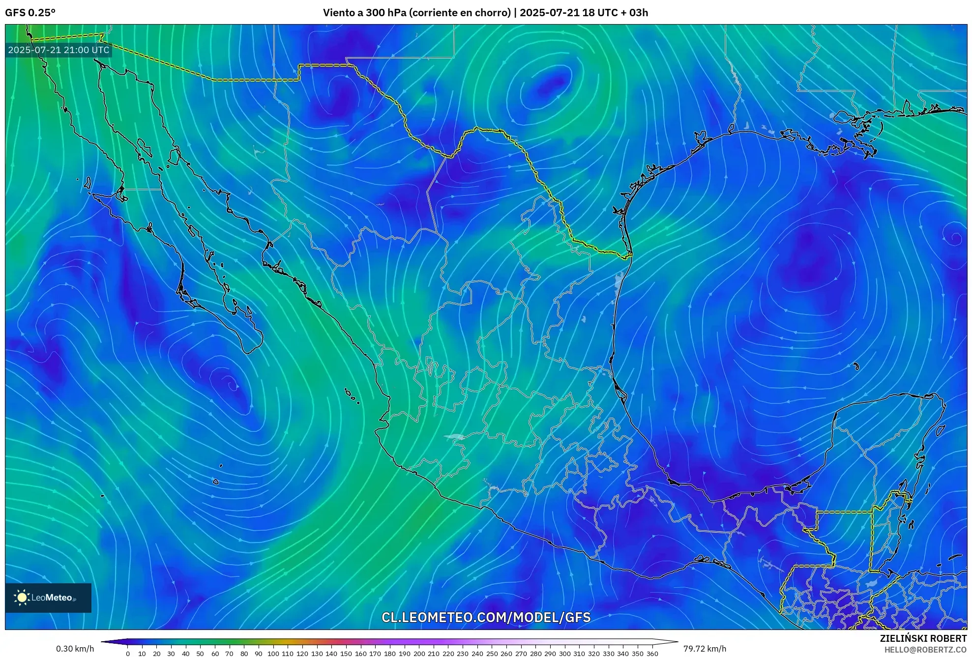 GFS model - México, Viento a 300 hPa (corriente en chorro) GFS model - México, Viento a 300 hPa (corriente en chorro)