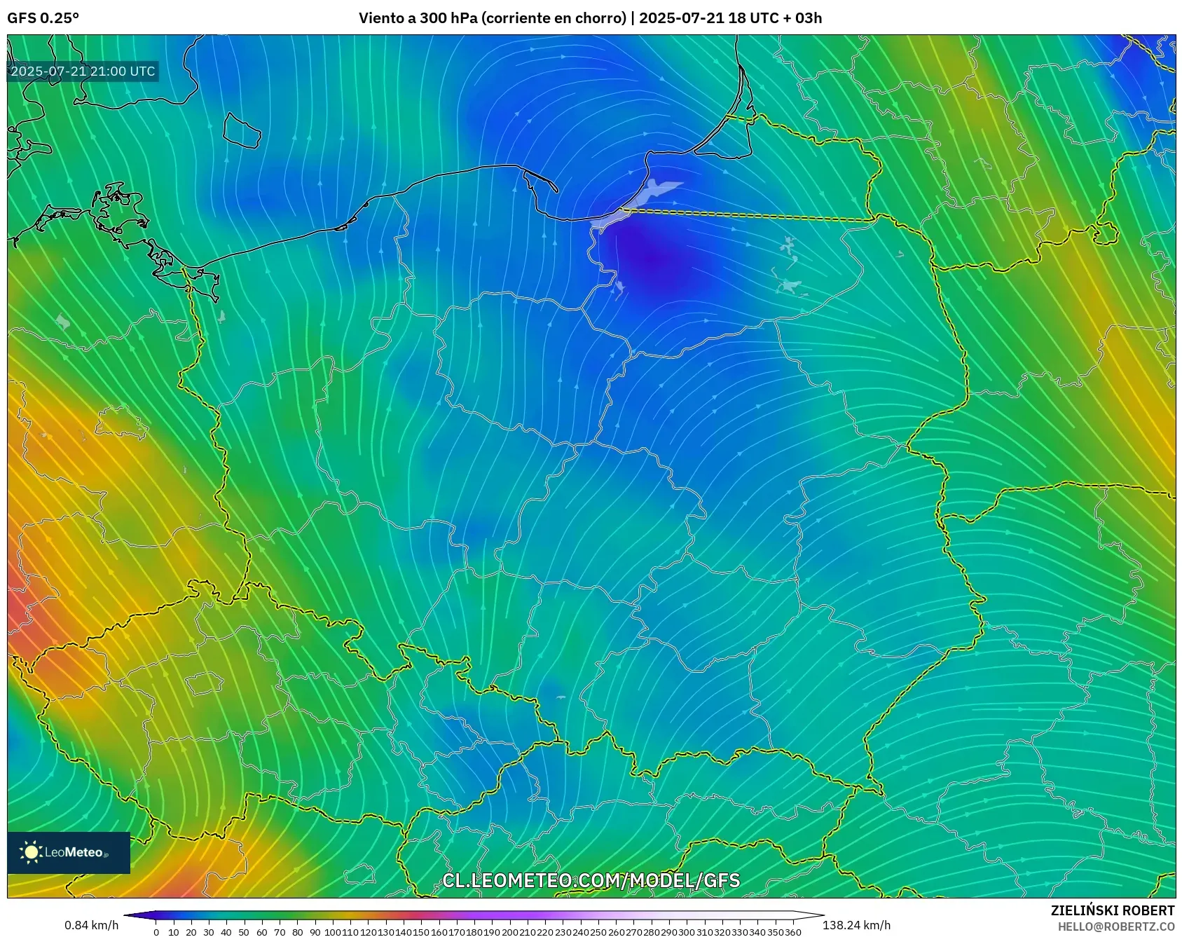 GFS model - Polonia, Viento a 300 hPa (corriente en chorro)
