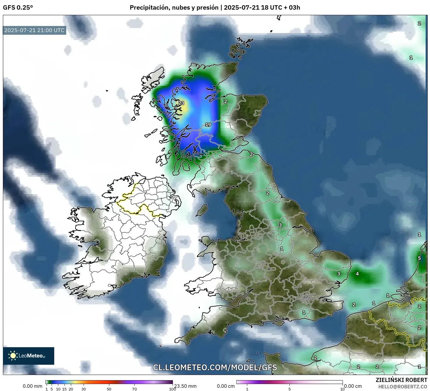 GFS model - Reino Unido, Precipitación, nubes y presión GFS model - Reino Unido, Precipitación, nubes y presión