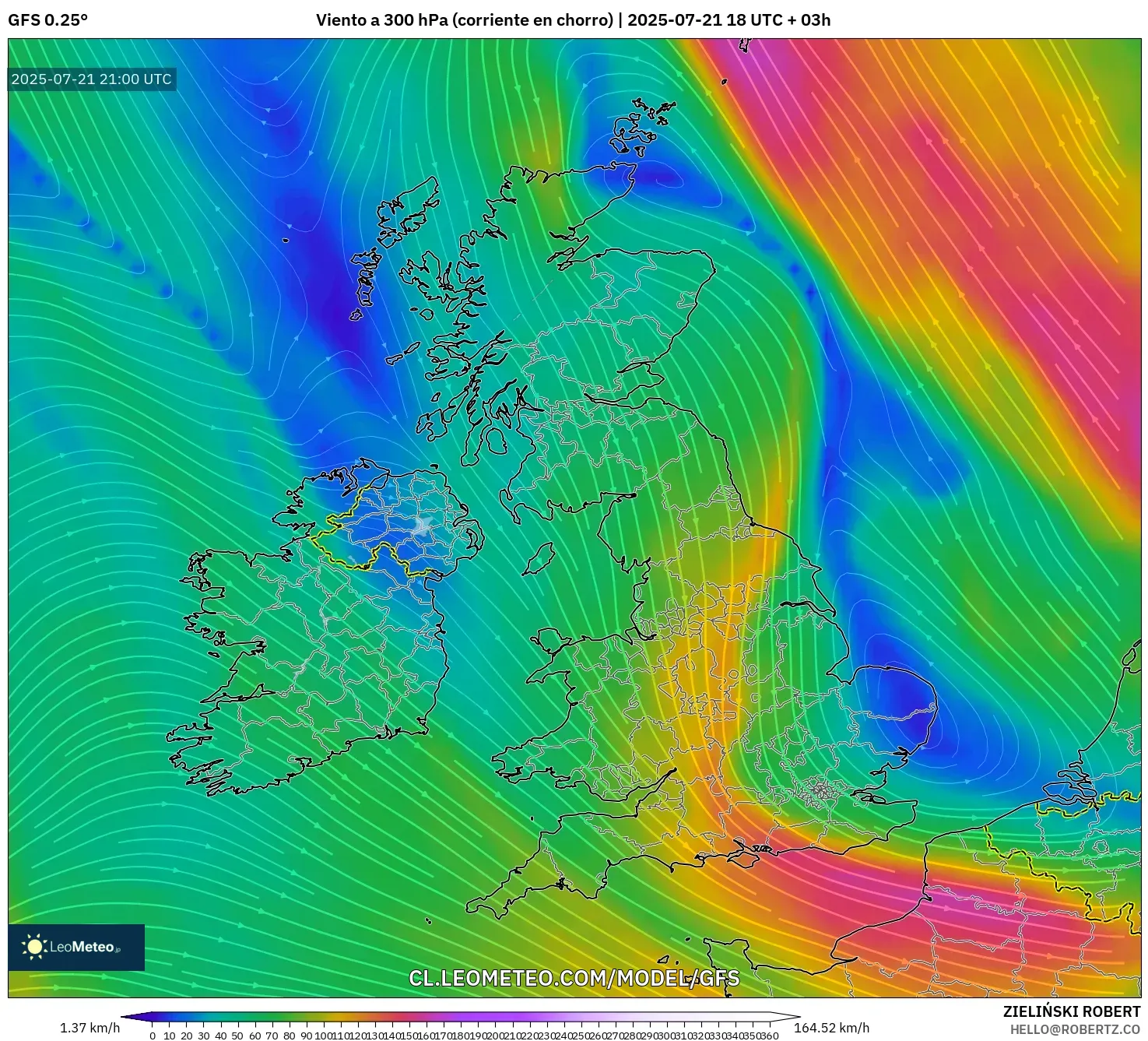 GFS model - Reino Unido, Viento a 300 hPa (corriente en chorro) GFS model - Reino Unido, Viento a 300 hPa (corriente en chorro)
