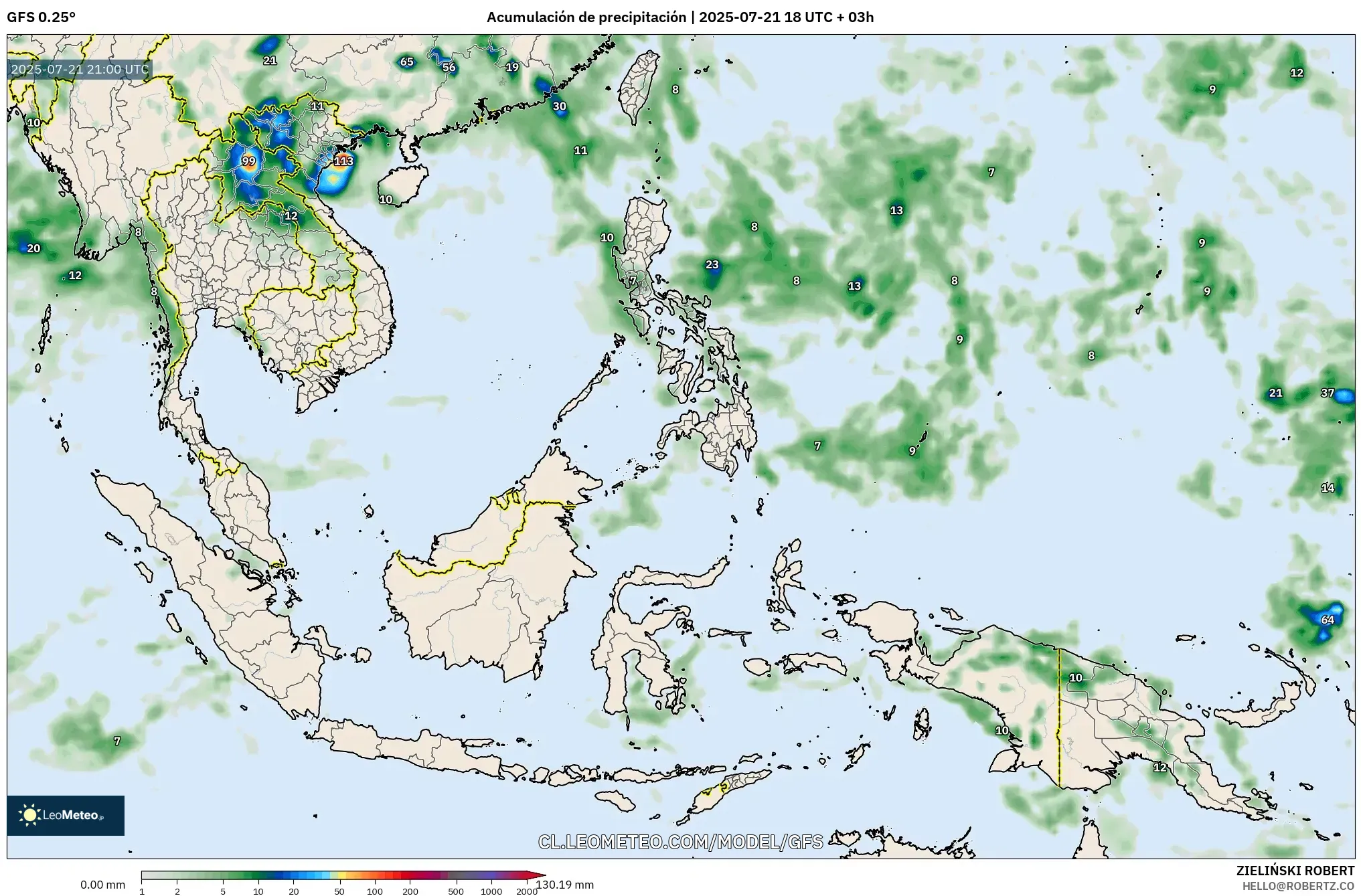 GFS model - Sudeste Asiático, Acumulación de precipitación
