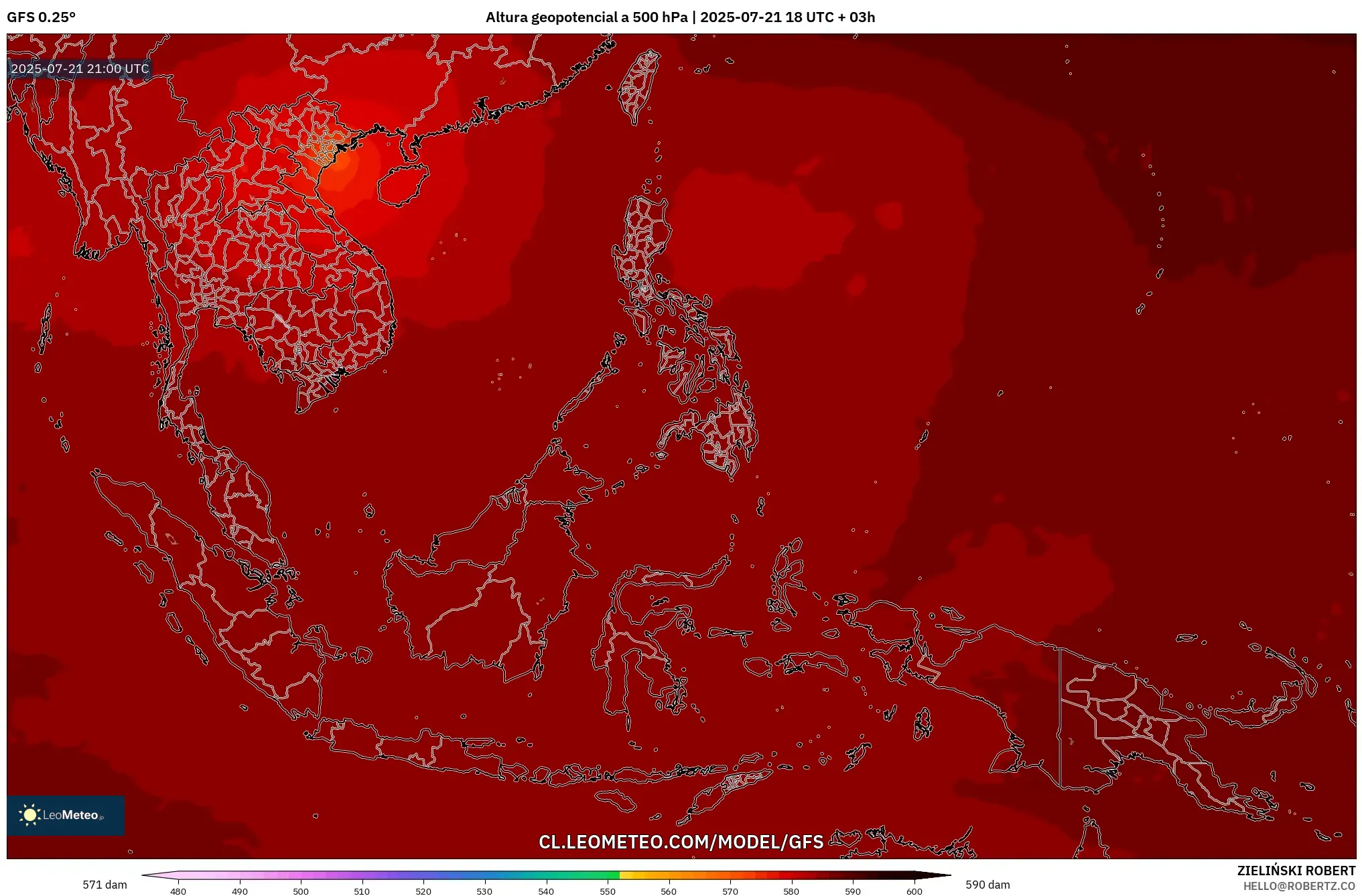 GFS model - Sudeste Asiático, Altura geopotencial a 500 hPa