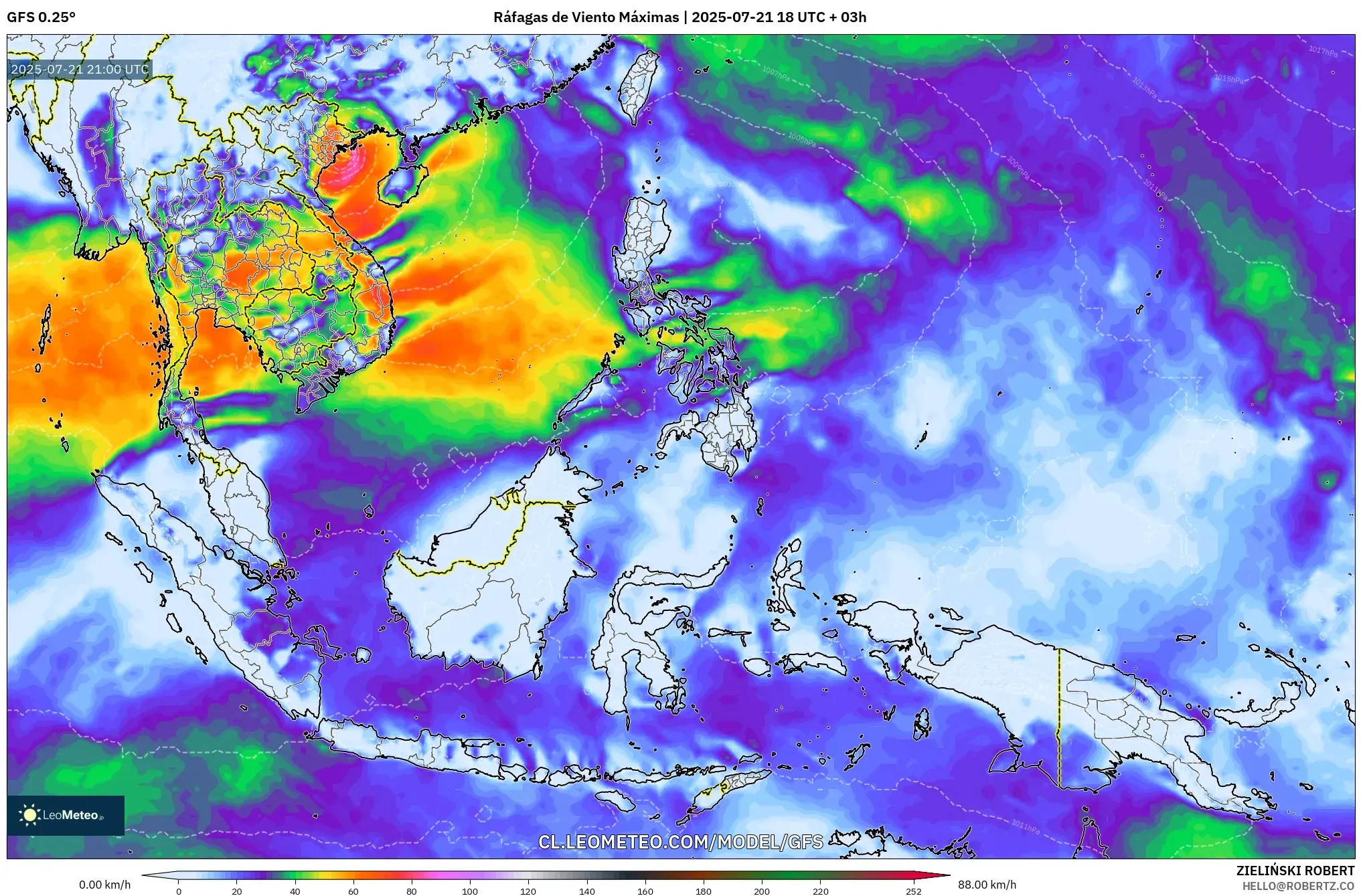 GFS model - Sudeste Asiático, Ráfagas de Viento Máximas GFS model - Sudeste Asiático, Ráfagas de Viento Máximas
