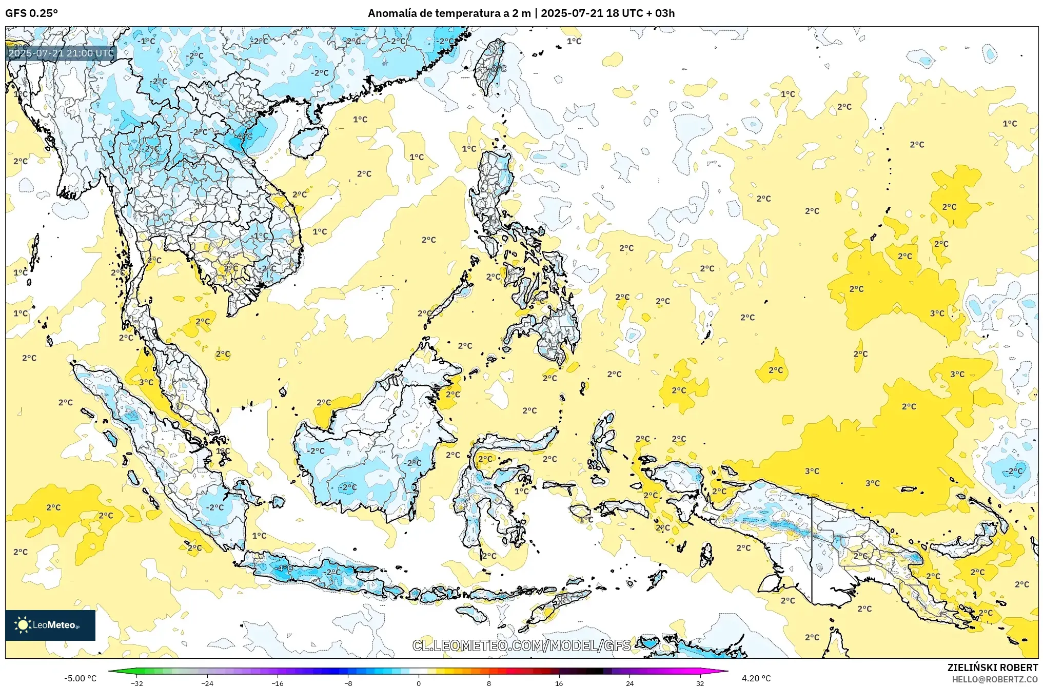GFS model - Sudeste Asiático, Anomalía de temperatura a 2 m GFS model - Sudeste Asiático, Anomalía de temperatura a 2 m