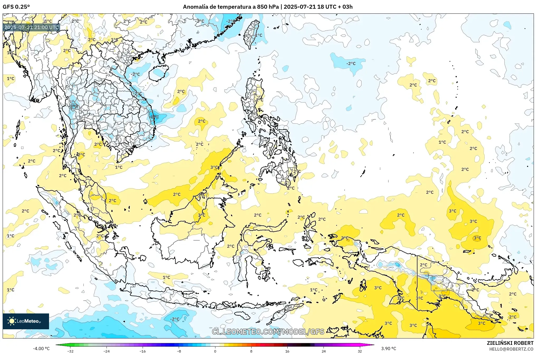 GFS model - Sudeste Asiático, Anomalía de temperatura a 850 hPa GFS model - Sudeste Asiático, Anomalía de temperatura a 850 hPa