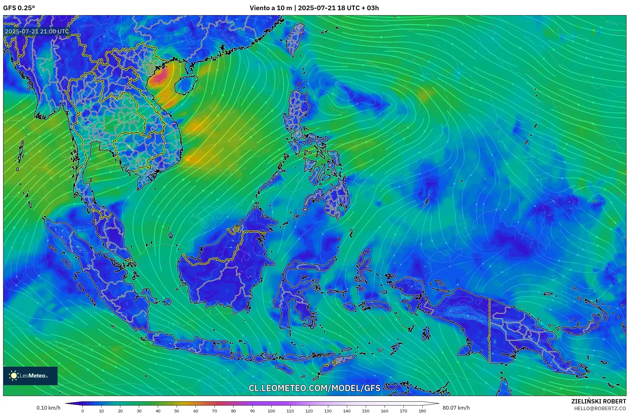 GFS model - Sudeste Asiático, Viento a 10 m GFS model - Sudeste Asiático, Viento a 10 m