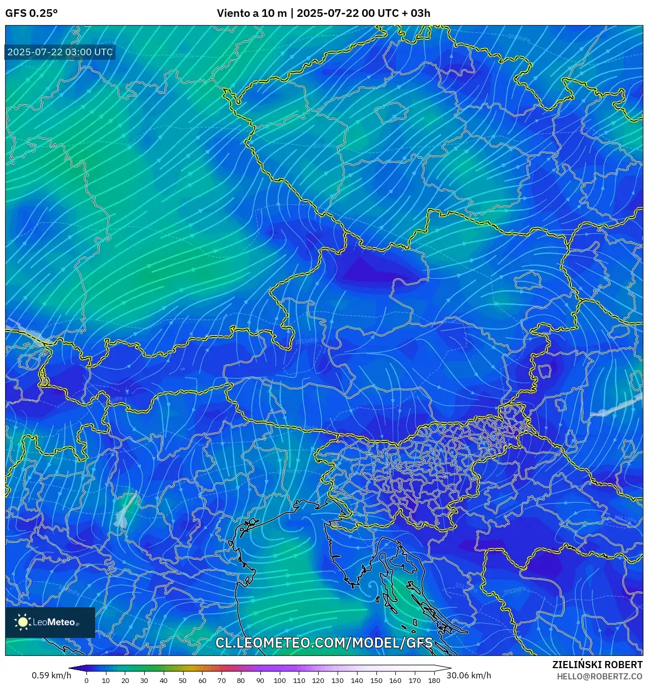GFS model - Austria, Viento a 10 m GFS model - Austria, Viento a 10 m