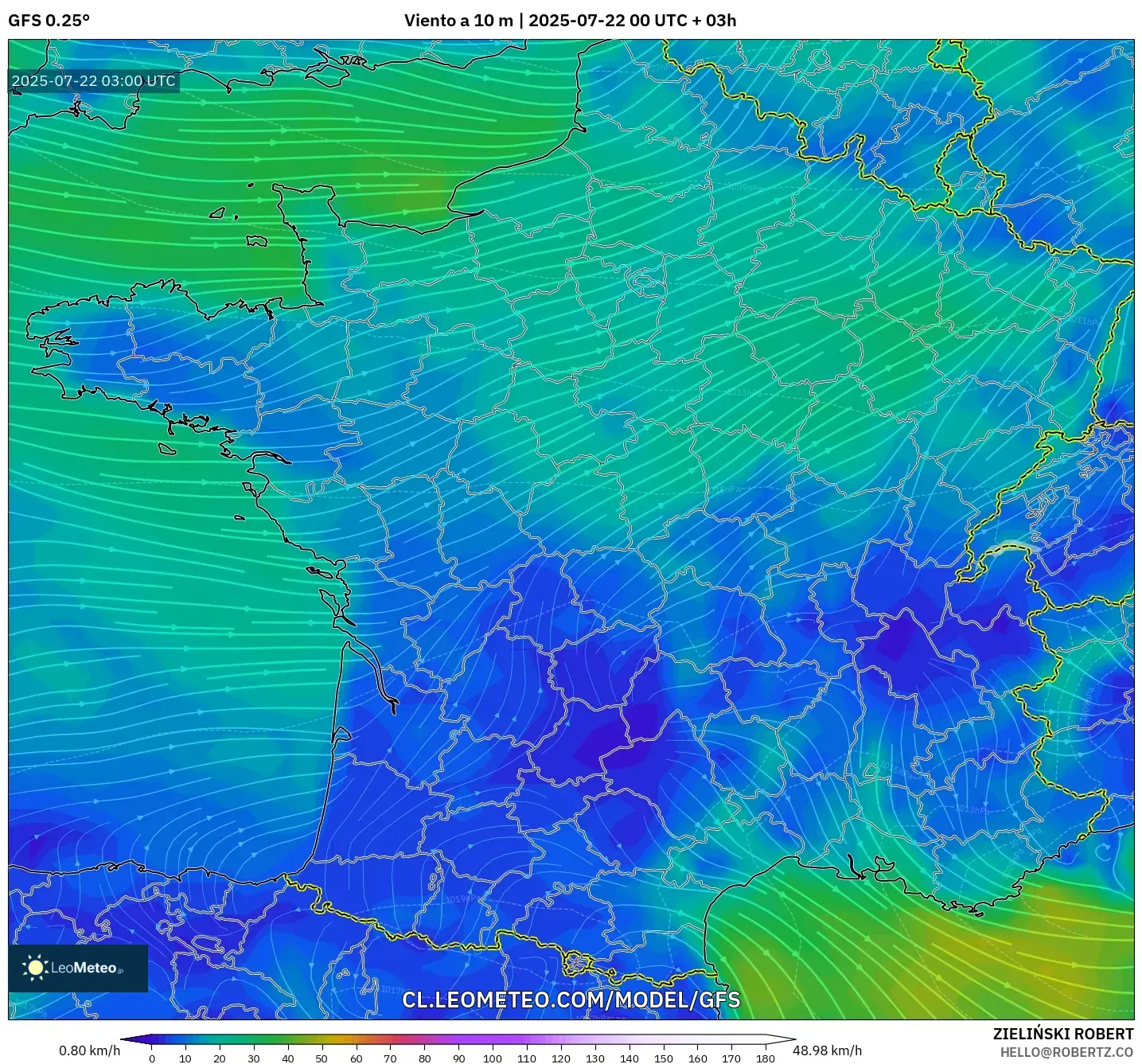 GFS model - Francia, Viento a 10 m GFS model - Francia, Viento a 10 m