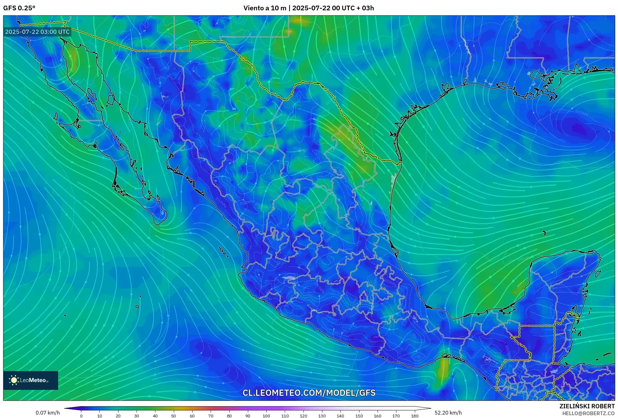 GFS model - México, Viento a 10 m GFS model - México, Viento a 10 m