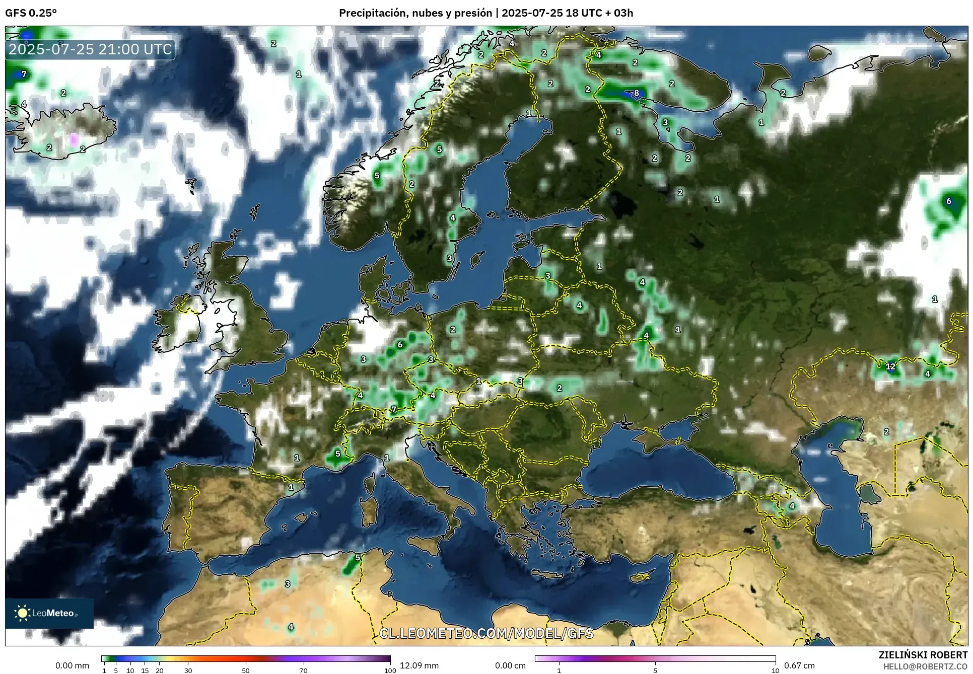 GFS model - Europa, Precipitación, nubes y presión GFS model - Europa, Precipitación, nubes y presión