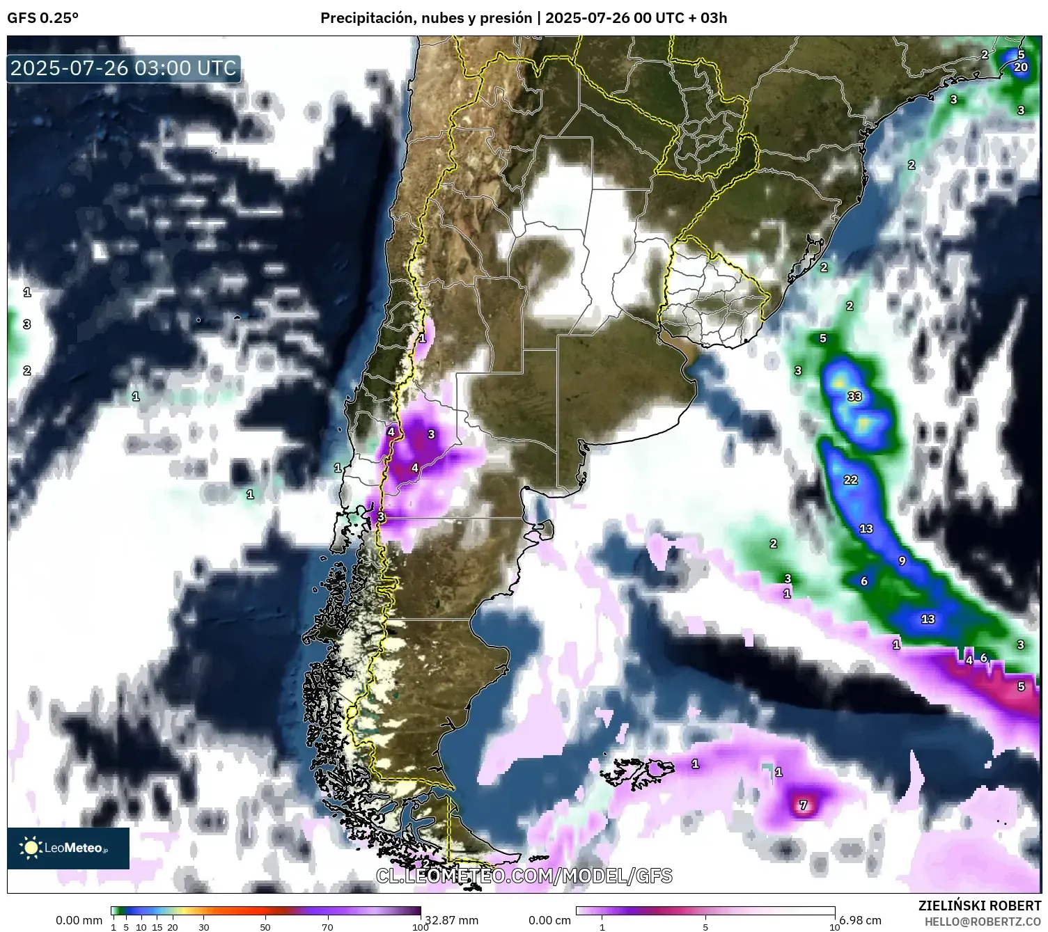 GFS model - Argentina, Precipitación, nubes y presión
