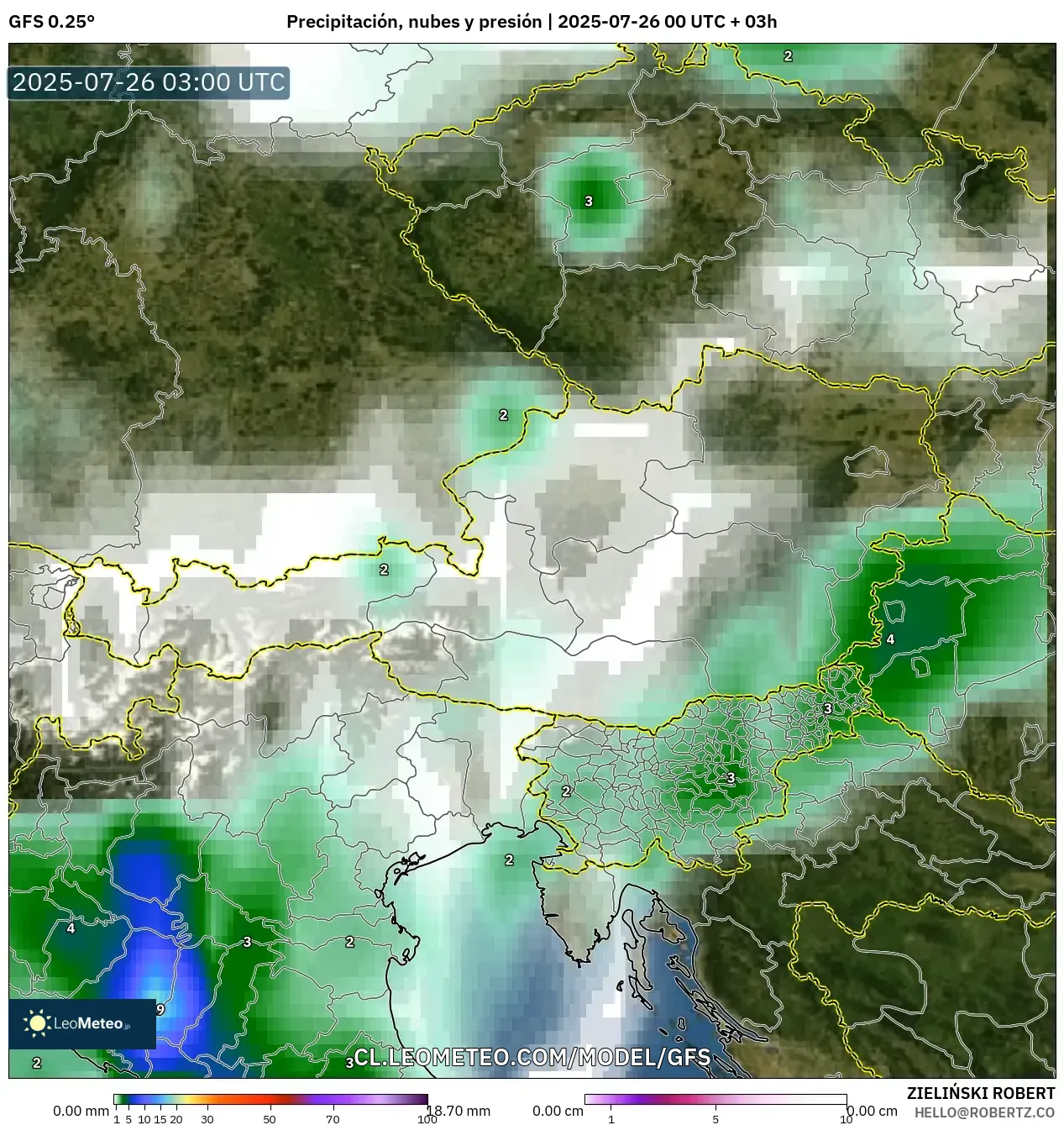 GFS model - Austria, Precipitación, nubes y presión